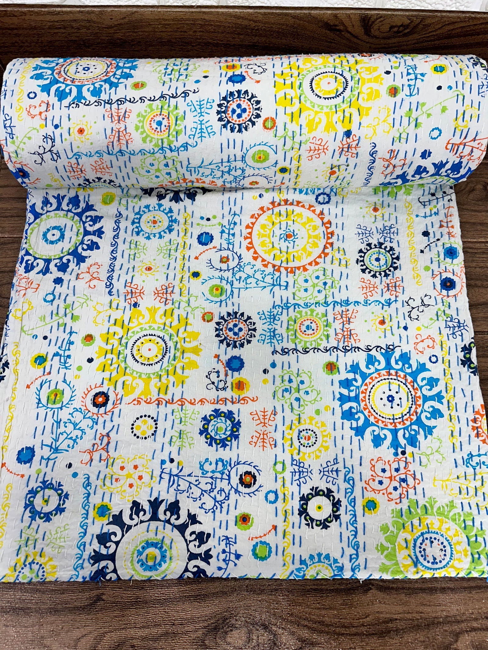 Pure Cotton Kantha Stitch Throw | Indian Hand Block Quilted King Size Bedspread/Sofa Cover Home Decor | Floral Reversible