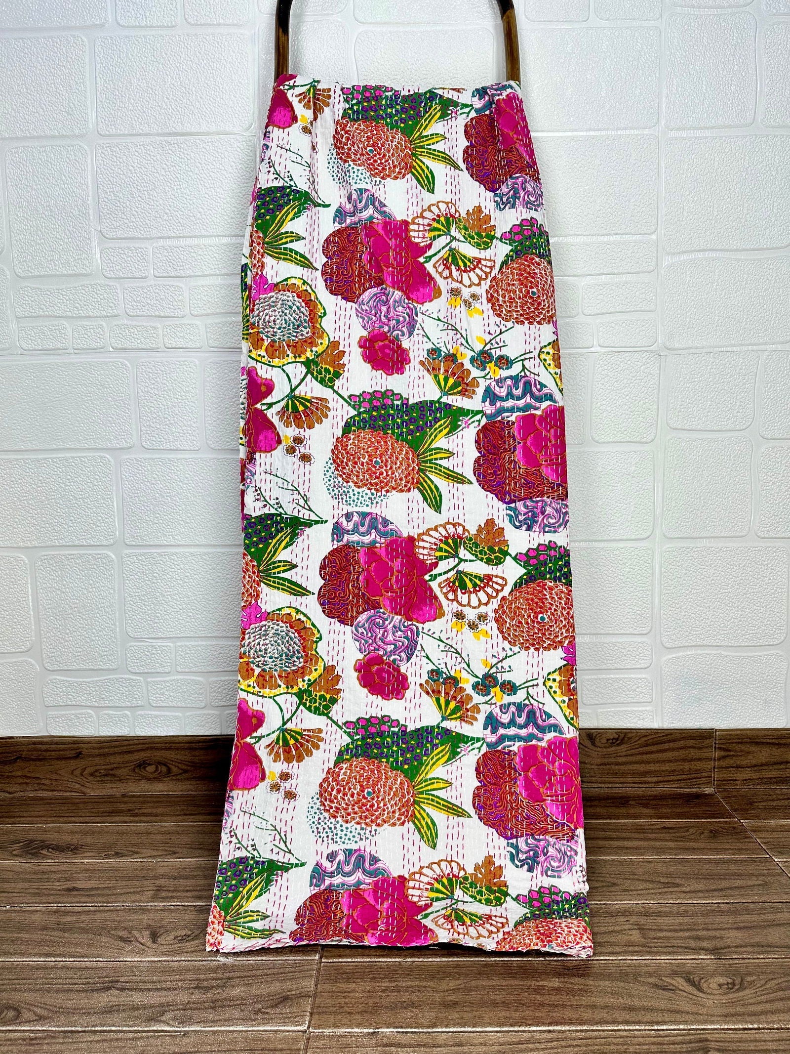 Pure Cotton Kantha Stitch Throw | Indian Hand Block Quilted King Size Bedspread/Sofa Cover Home Decor | Floral Reversible Print White