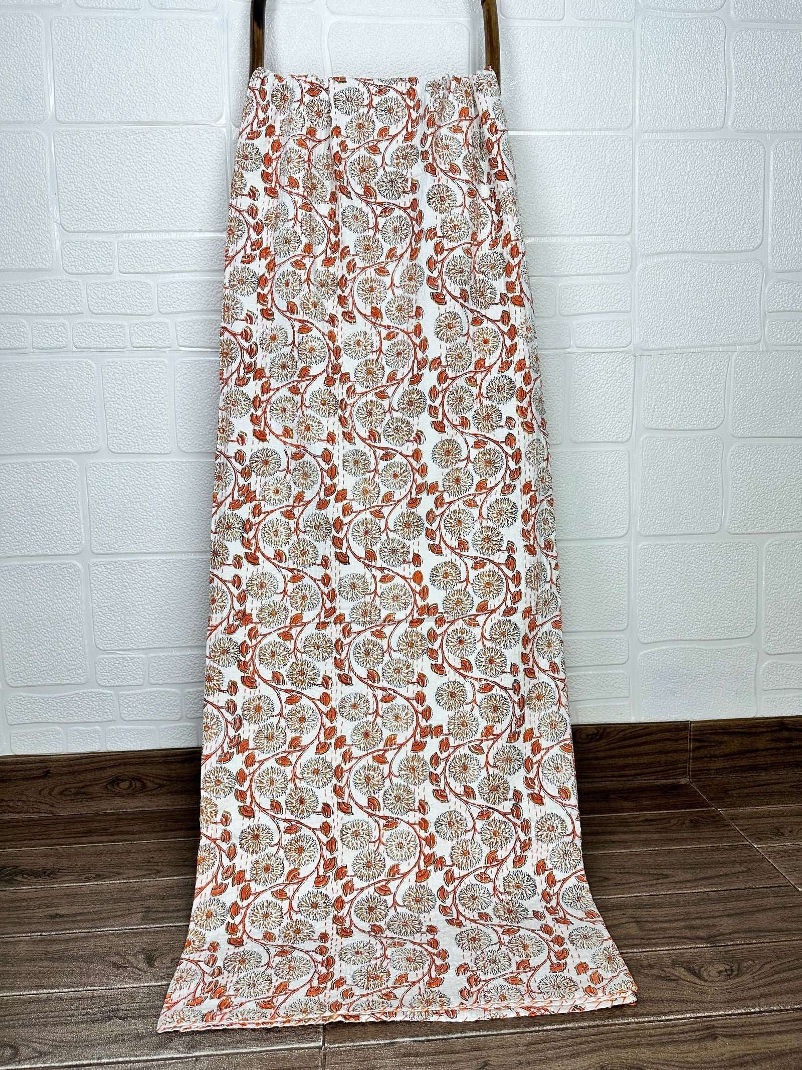 Pure Cotton Kantha Stitch Throw | Indian Hand Block Quilted King Size Bedspread/Sofa Cover Home Decor | Floral Reversible Print White