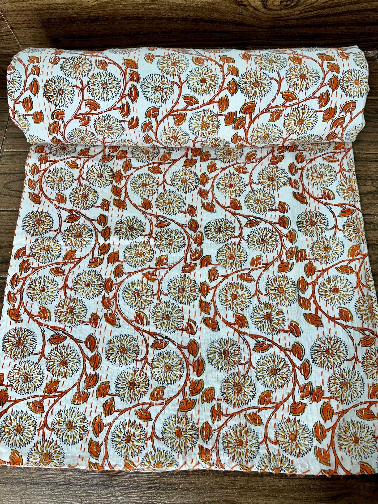 Pure Cotton Kantha Stitch Throw | Indian Hand Block Quilted King Size Bedspread/Sofa Cover Home Decor | Floral Reversible Print White
