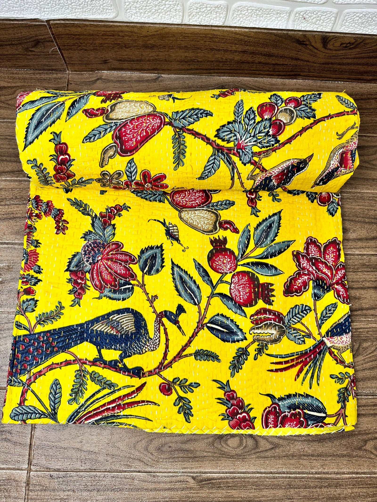 Pure Cotton Kantha Stitch Throw | Indian Hand Block Quilted King Size Bedspread/Sofa Cover Home Decor | Floral Reversible Print Yellow