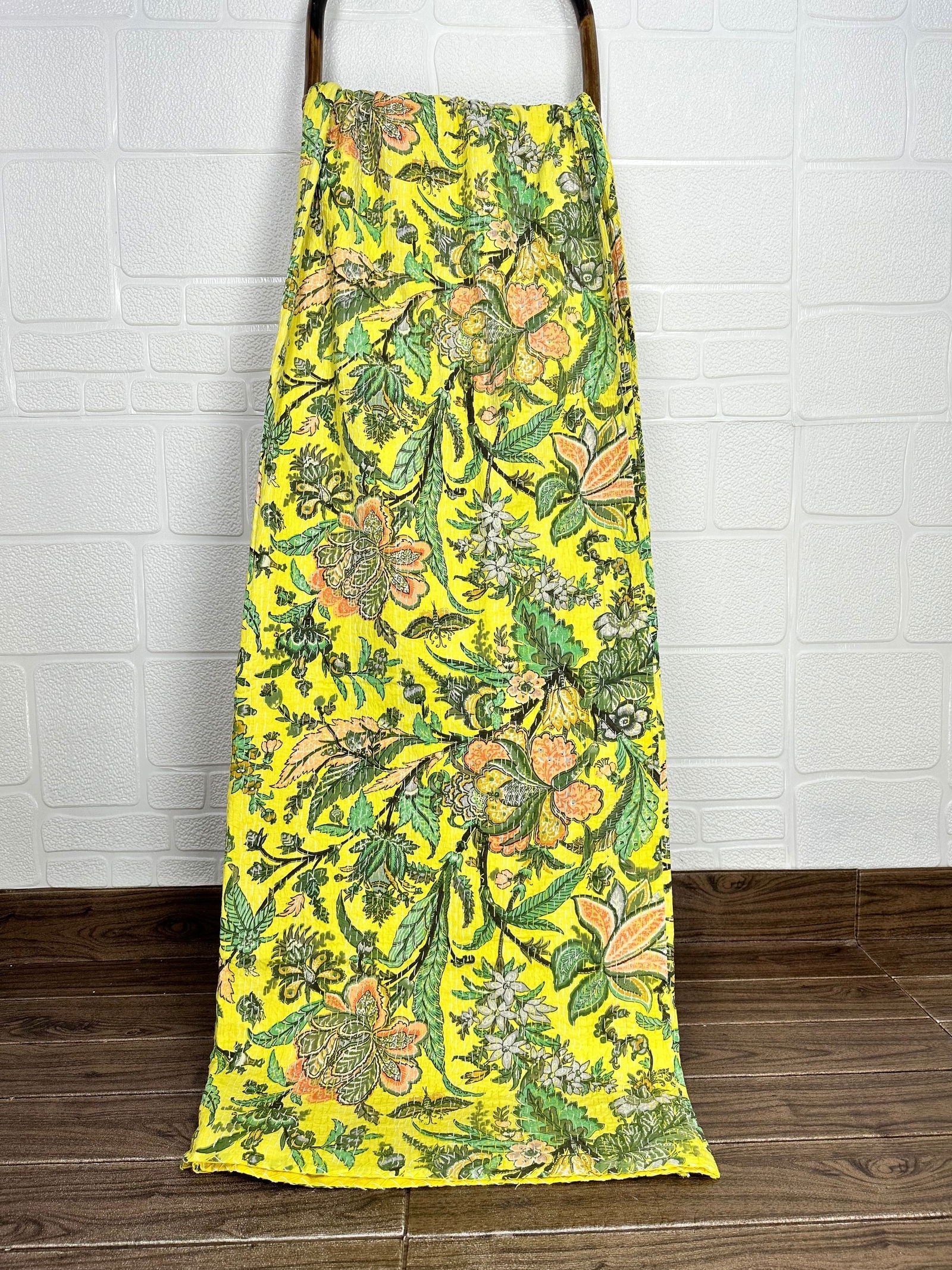 Pure Cotton Kantha Stitch Throw | Indian Hand Block Quilted King Size Bedspread/Sofa Cover Home Decor | Floral Reversible Print Yellow