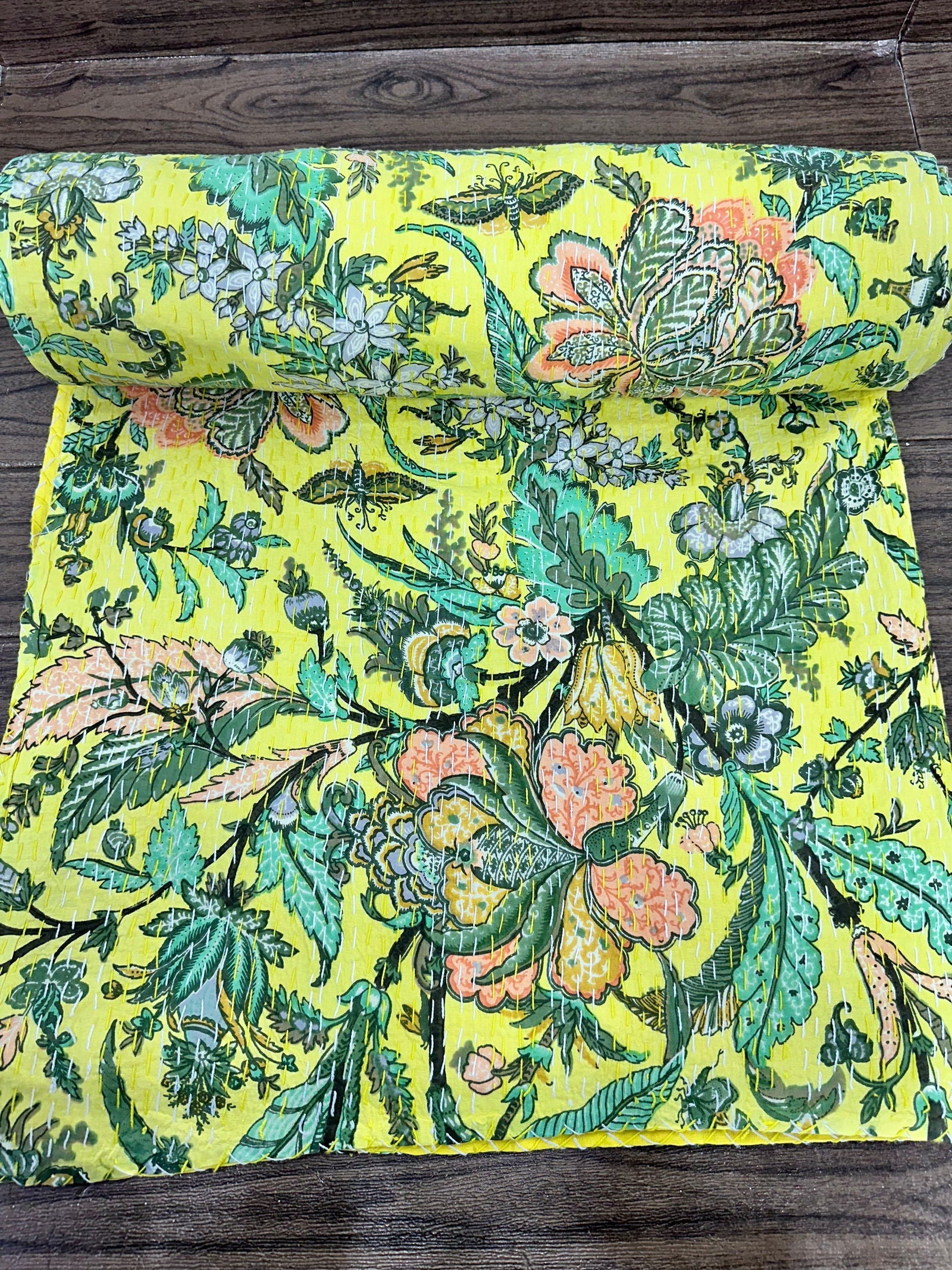 Pure Cotton Kantha Stitch Throw | Indian Hand Block Quilted King Size Bedspread/Sofa Cover Home Decor | Floral Reversible Print Yellow