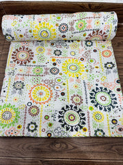 Pure Cotton Kantha Stitch Throw | Indian Hand Block Quilted King Size Bedspread/Sofa Cover Home Decor | Flower Reversible Print White