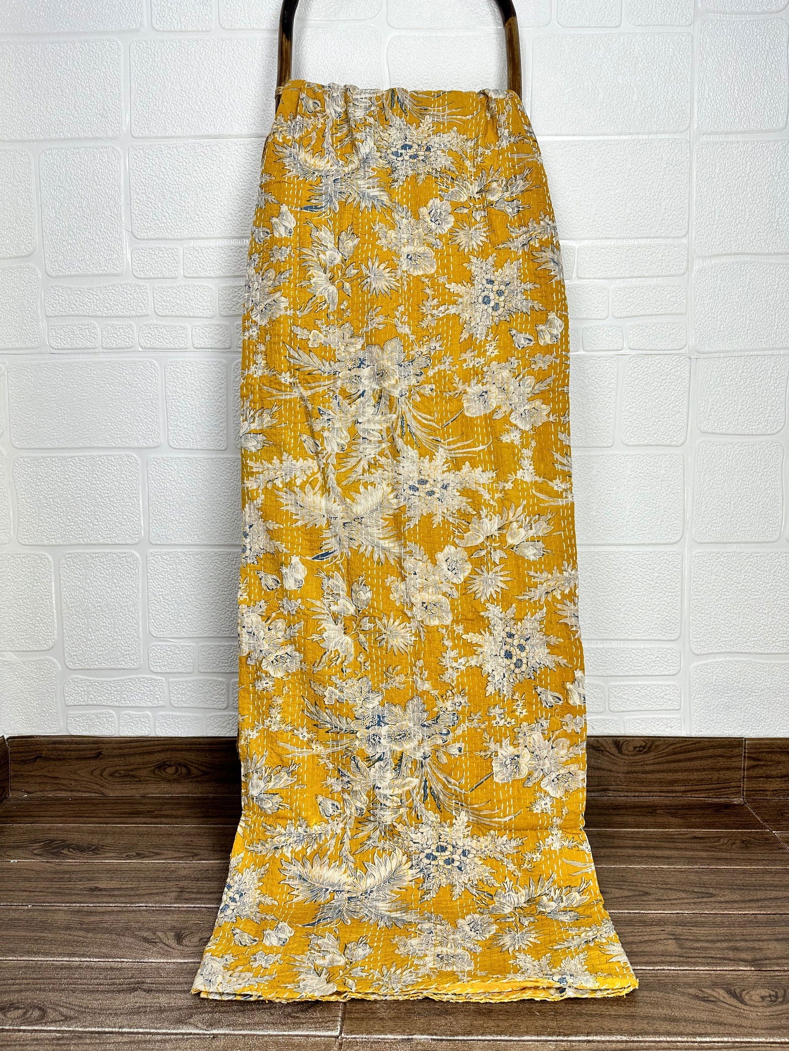 Pure Cotton Kantha Stitch Throw | Indian Hand Block Quilted King Size Bedspread/Sofa Cover Home Decor | Gardenia Reversible Print Yellow