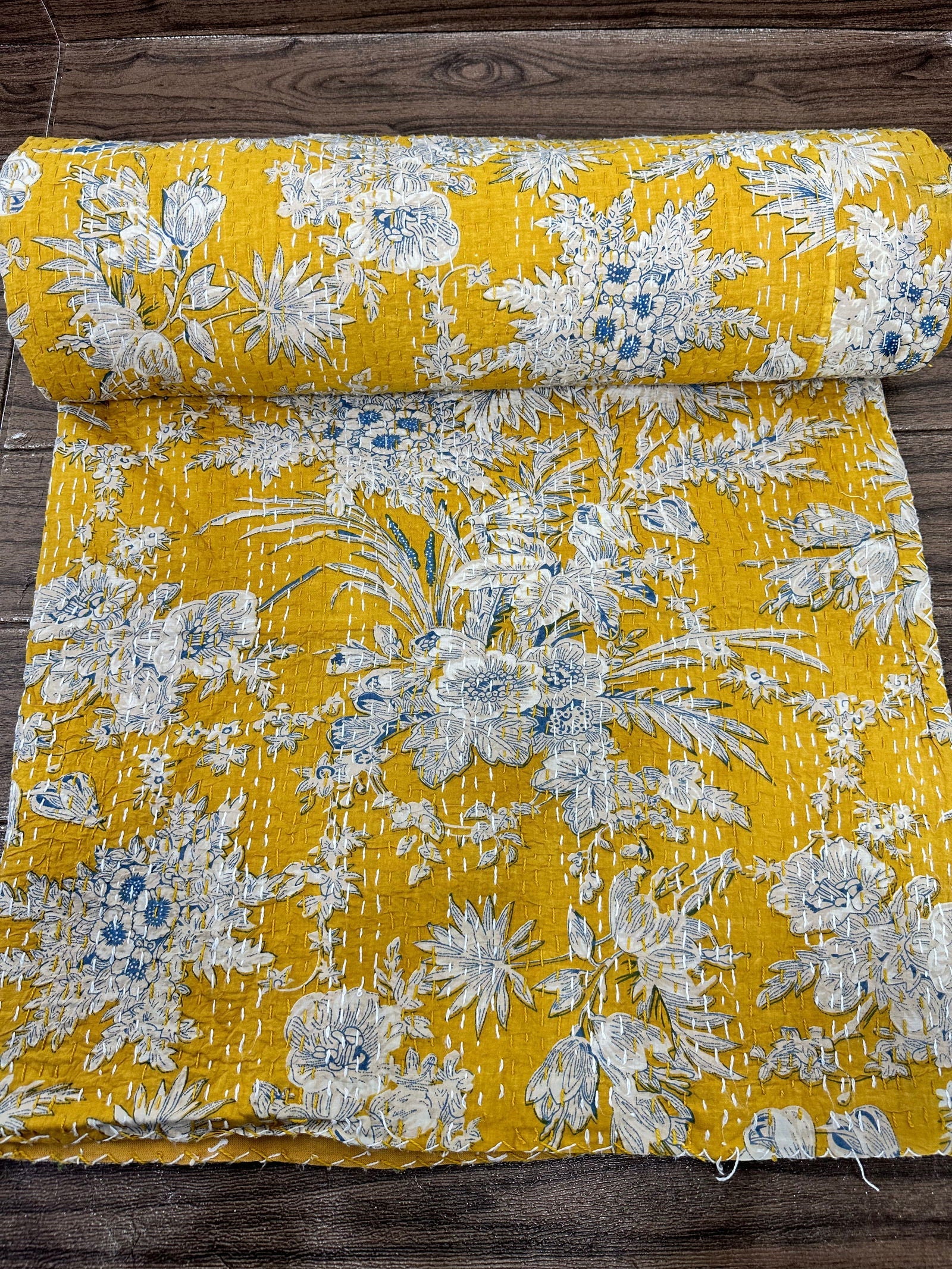 Pure Cotton Kantha Stitch Throw | Indian Hand Block Quilted King Size Bedspread/Sofa Cover Home Decor | Gardenia Reversible Print Yellow