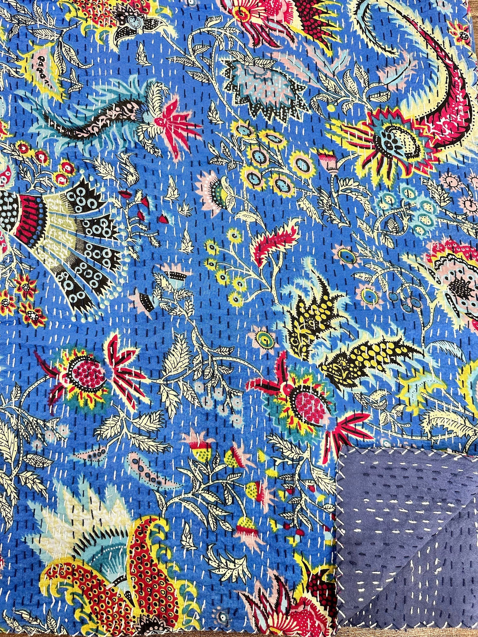 Pure Cotton Kantha Stitch Throw | Indian Hand Block Quilted King Size Bedspread/Sofa Cover Home Decor | King Reversible Print Blue