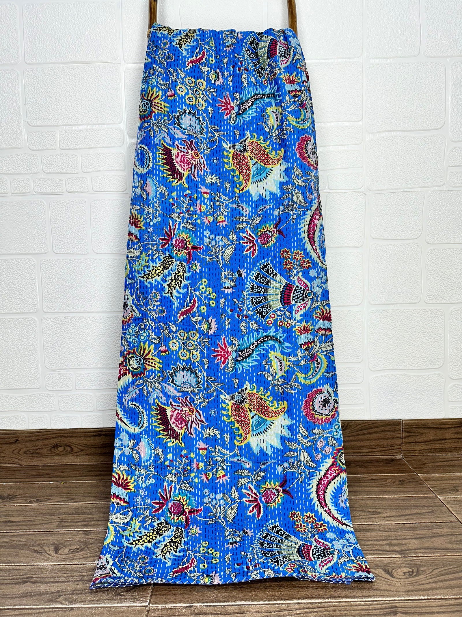 Pure Cotton Kantha Stitch Throw | Indian Hand Block Quilted King Size Bedspread/Sofa Cover Home Decor | King Reversible Print Blue