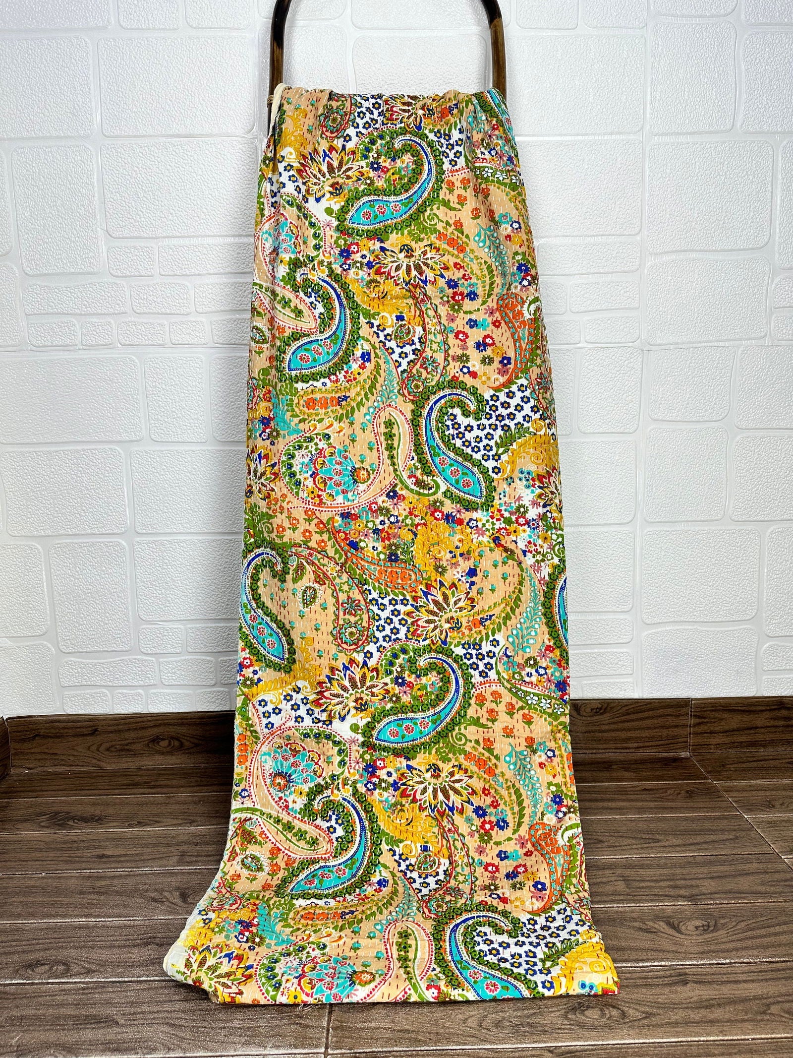 Pure Cotton Kantha Stitch Throw | Indian Hand Block Quilted King Size Bedspread/Sofa Cover Home Decor | Paisley Reversible Print Yellow