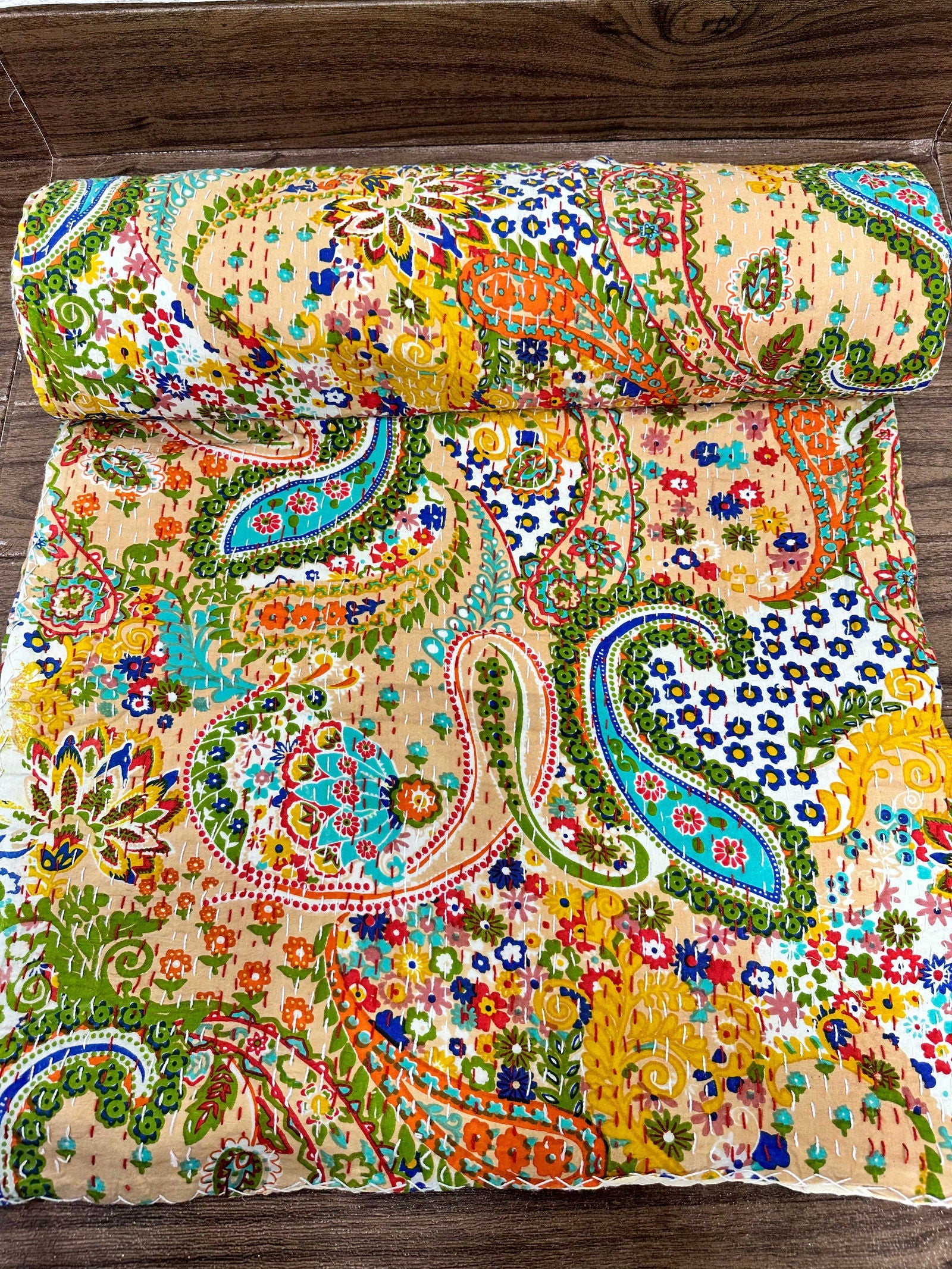 Pure Cotton Kantha Stitch Throw | Indian Hand Block Quilted King Size Bedspread/Sofa Cover Home Decor | Paisley Reversible Print Yellow