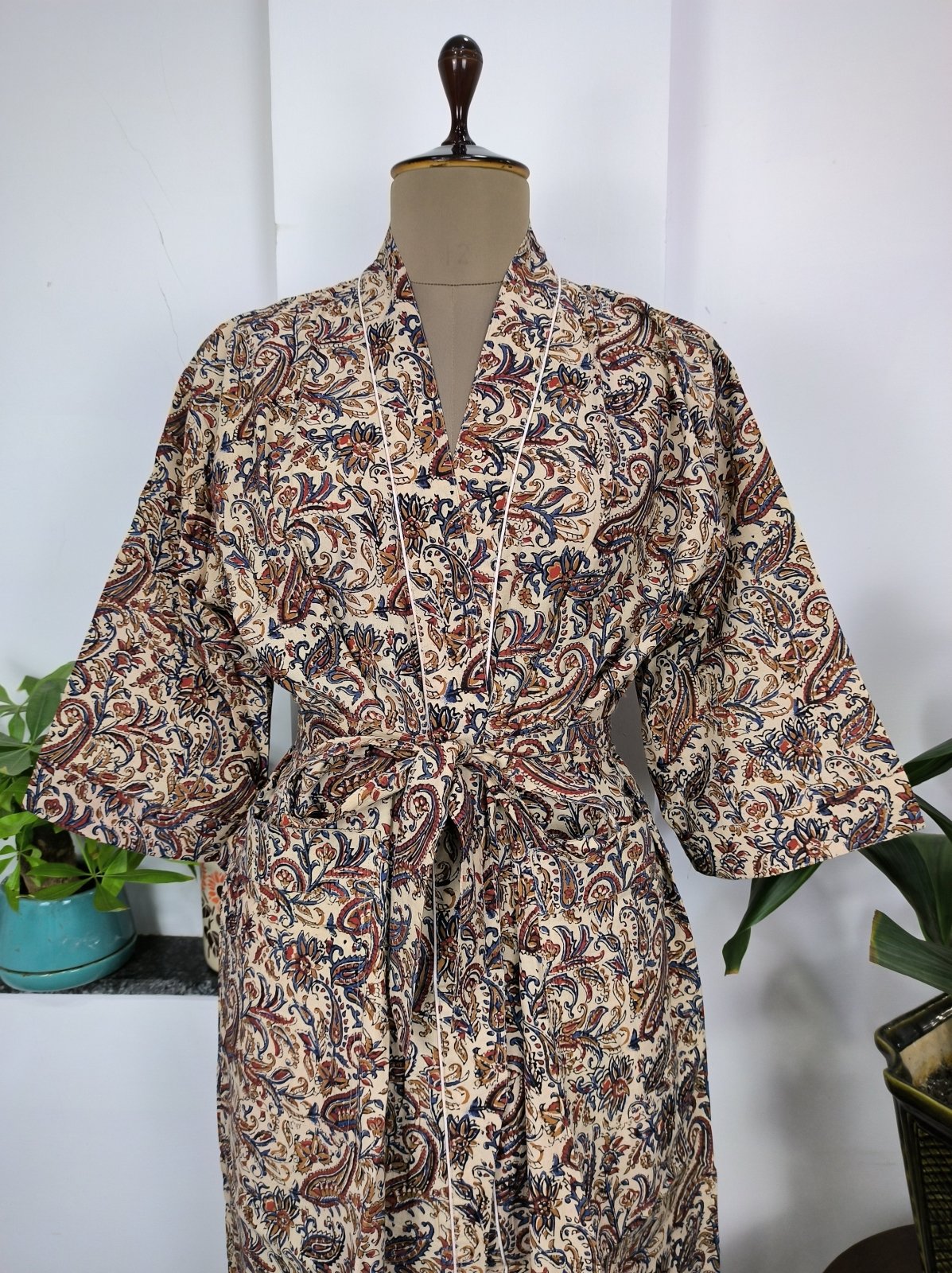 Pure Cotton Kimono Indian Hand Block Boho House Robe Summer Dress | Beige Red Paisley Persian King Luxury Beach Holiday Yacht Cover Up