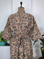 Pure Cotton Kimono Indian Hand Block Boho House Robe Summer Dress | Beige Red Paisley Persian King Luxury Beach Holiday Yacht Cover Up