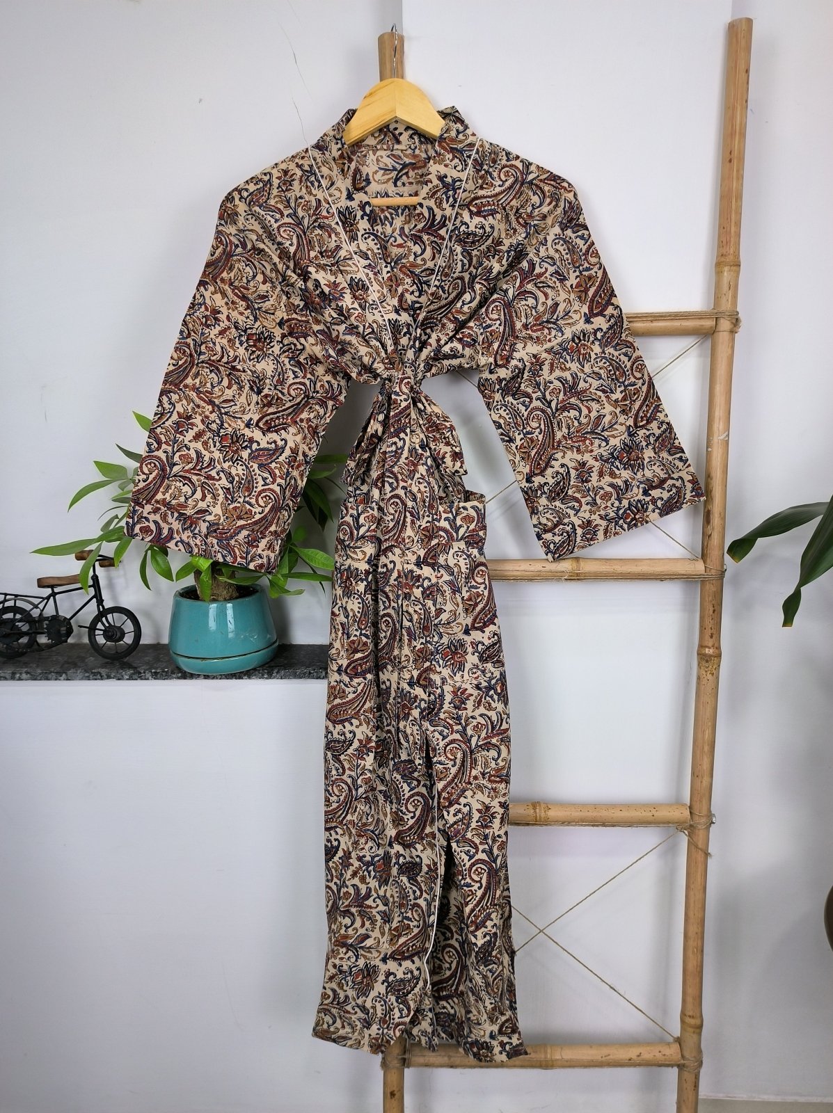 Pure Cotton Kimono Indian Hand Block Boho House Robe Summer Dress | Beige Red Paisley Persian King Luxury Beach Holiday Yacht Cover Up