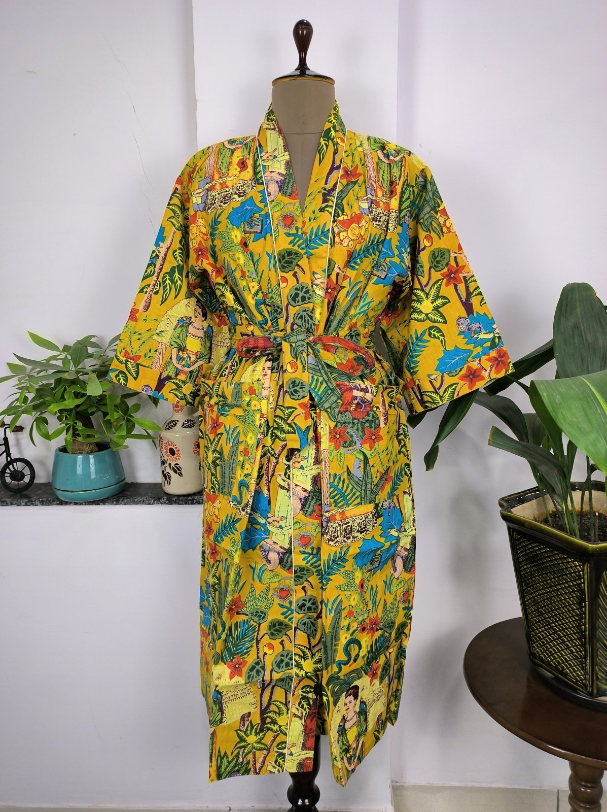 Pure Cotton Kimono Indian Hand Block Boho House Robe Summer Dress | Mustard Yellow Hue Farida Khalo Luxury Beach Holiday Yacht Cover Up