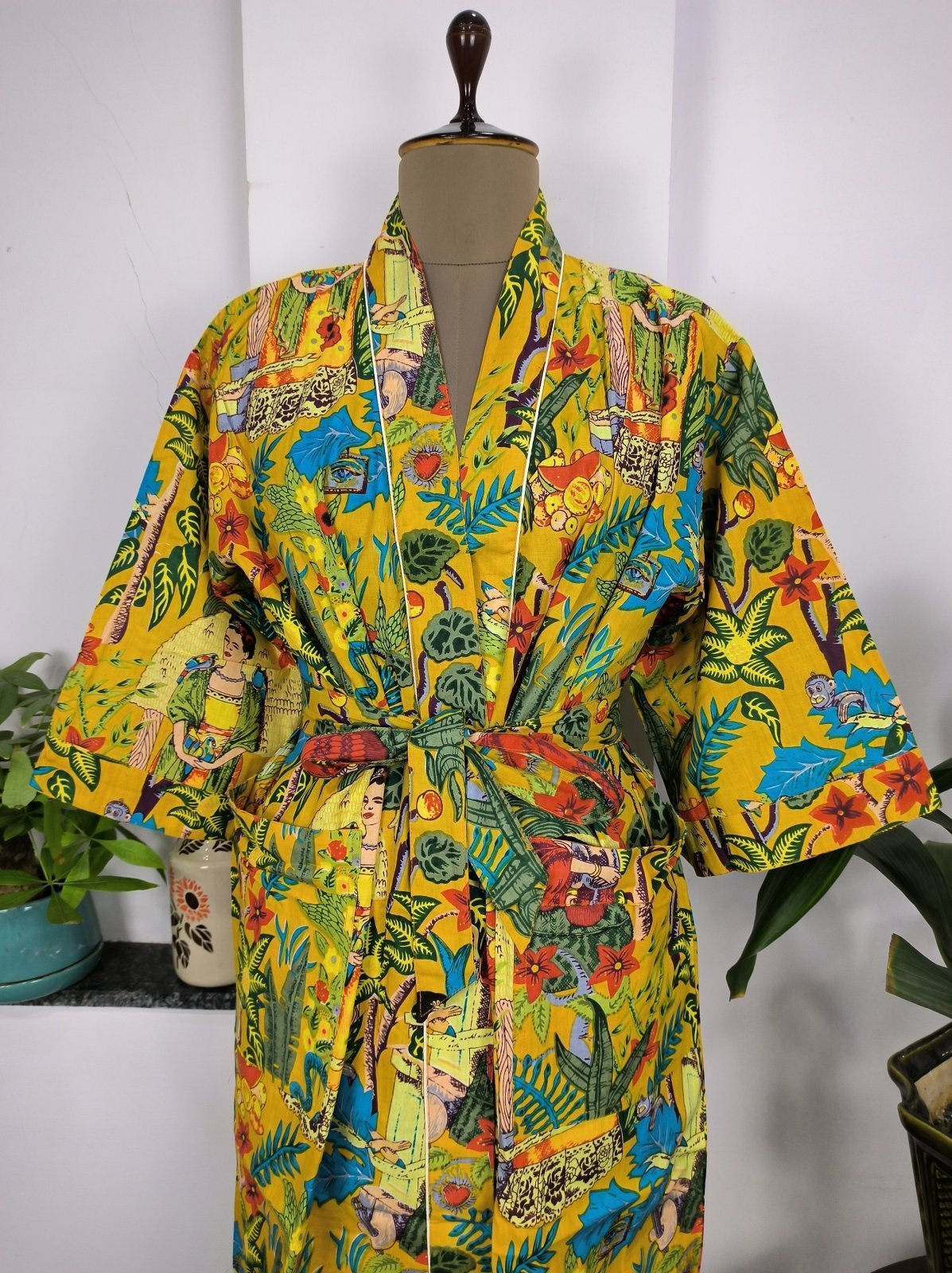 Pure Cotton Kimono Indian Hand Block Boho House Robe Summer Dress | Mustard Yellow Hue Farida Khalo Luxury Beach Holiday Yacht Cover Up