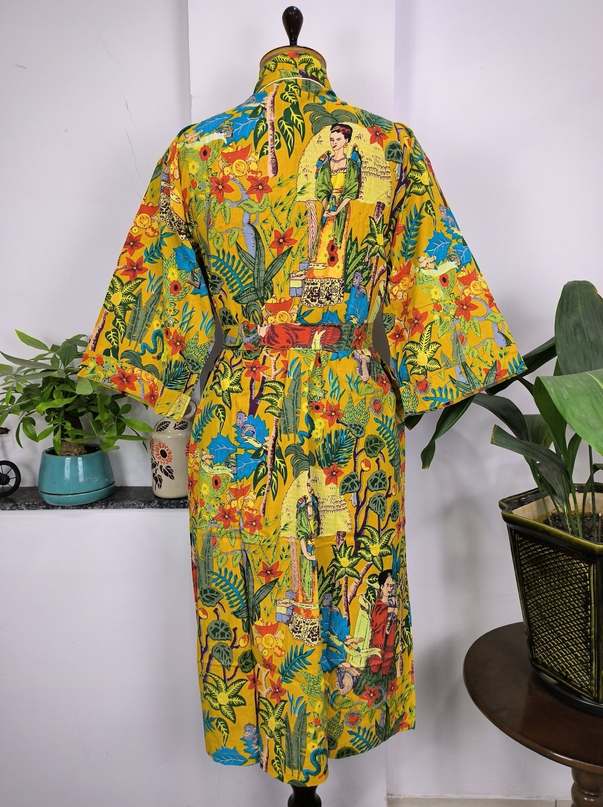 Pure Cotton Kimono Indian Hand Block Boho House Robe Summer Dress | Mustard Yellow Hue Farida Khalo Luxury Beach Holiday Yacht Cover Up