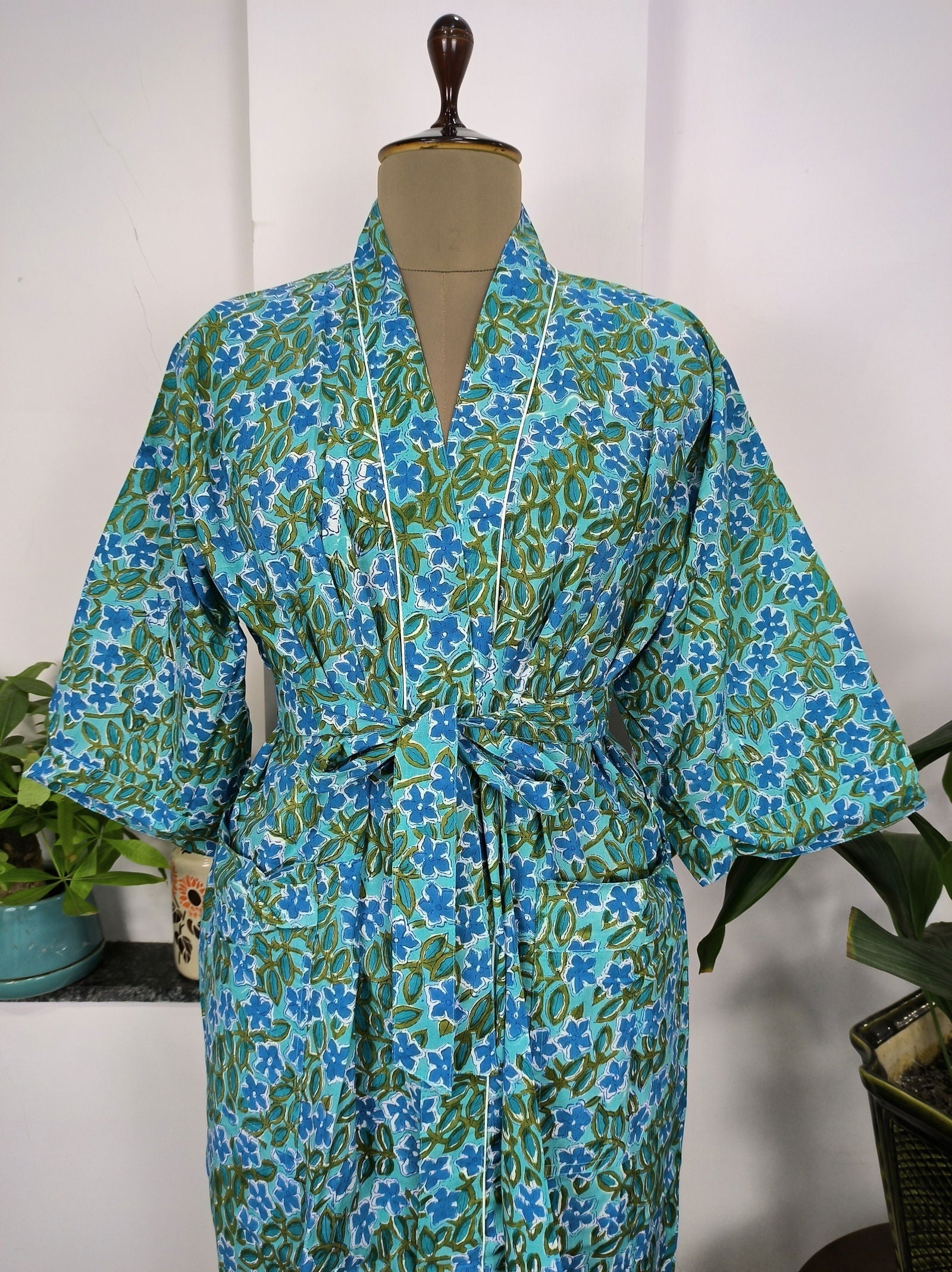 Pure Cotton Kimono Indian Handprinted Boho House Robe Summer Dress | Aqua Blue Green Floral Elegant Luxury Beach Holiday Yacht Cover Up