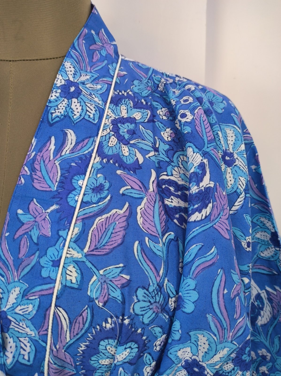 Pure Cotton Kimono Indian Handprinted Boho House Robe Summer Dress | Aqua Blue Hues Floral Rose Luxury Cover Up | Maternity Mom Bridal