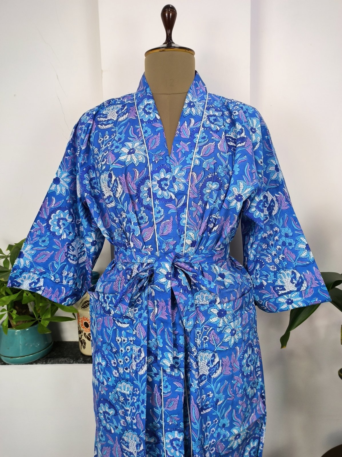 Pure Cotton Kimono Indian Handprinted Boho House Robe Summer Dress | Aqua Blue Hues Floral Rose Luxury Cover Up | Maternity Mom Bridal