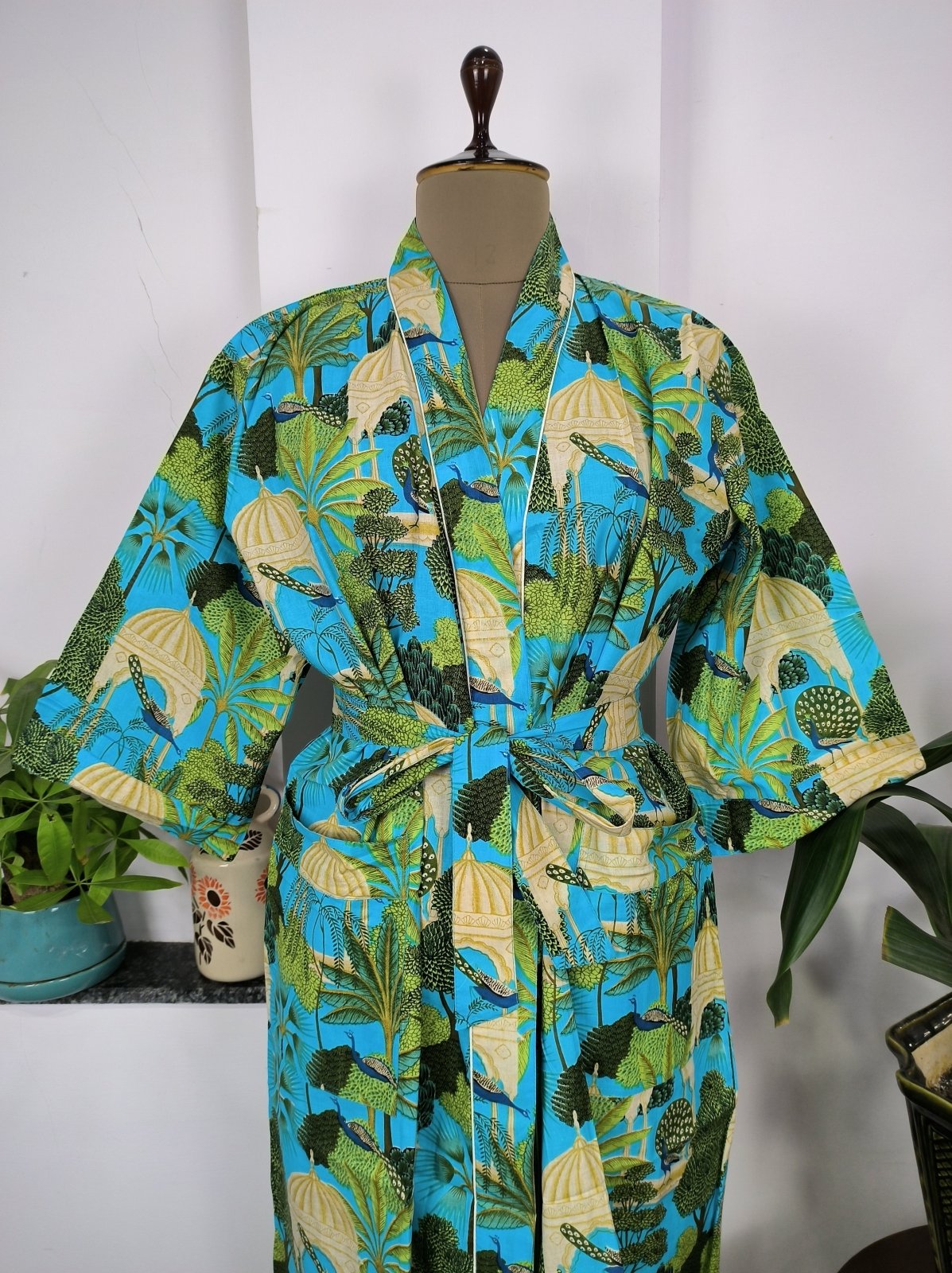 Pure Cotton Kimono Indian Handprinted Boho House Robe Summer Dress | Aqua Blue Peacock Bird Beach Luxurious Cover Up, Maternity Mom Bridal