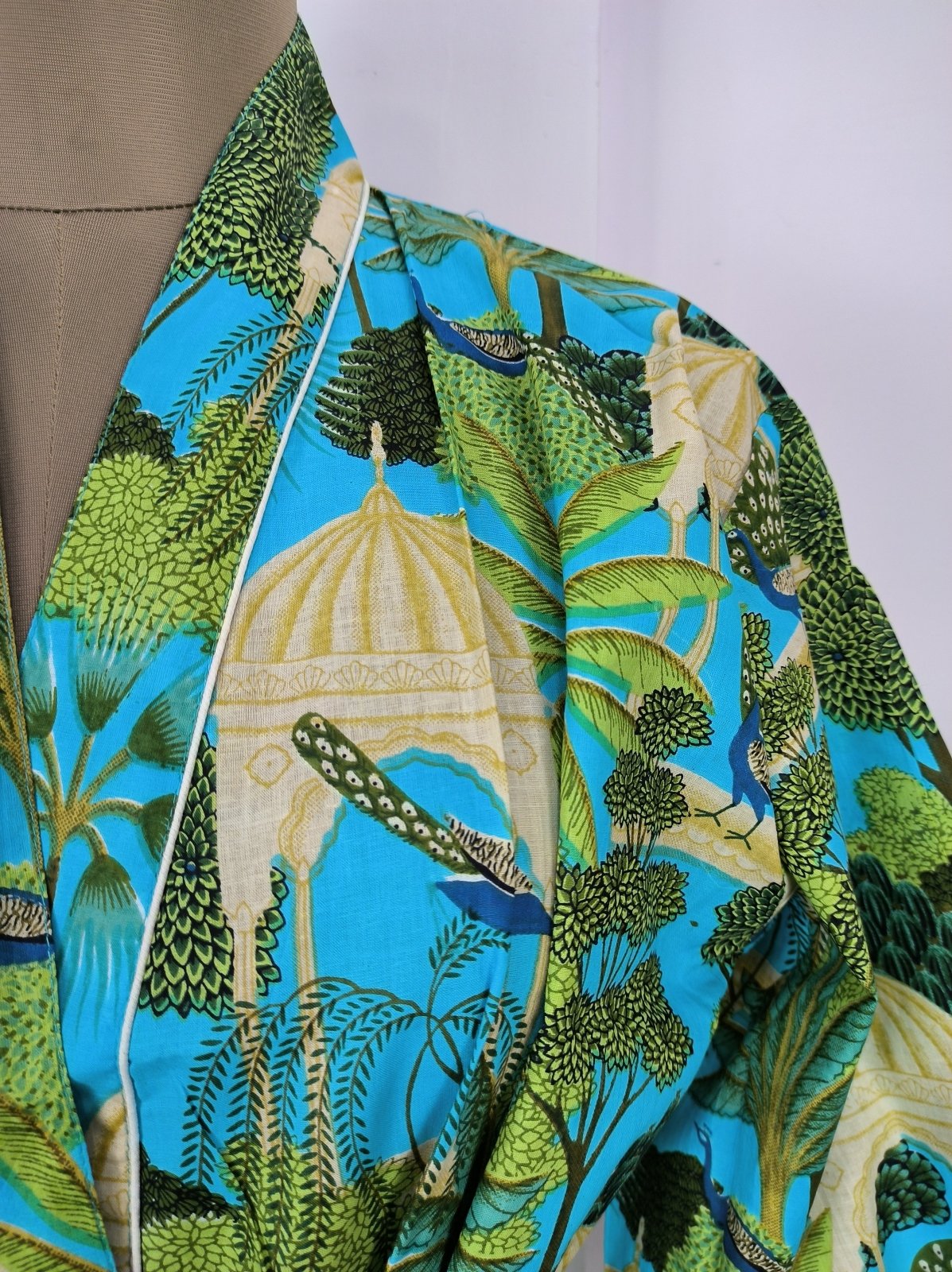 Pure Cotton Kimono Indian Handprinted Boho House Robe Summer Dress | Aqua Blue Peacock Bird Beach Luxurious Cover Up, Maternity Mom Bridal