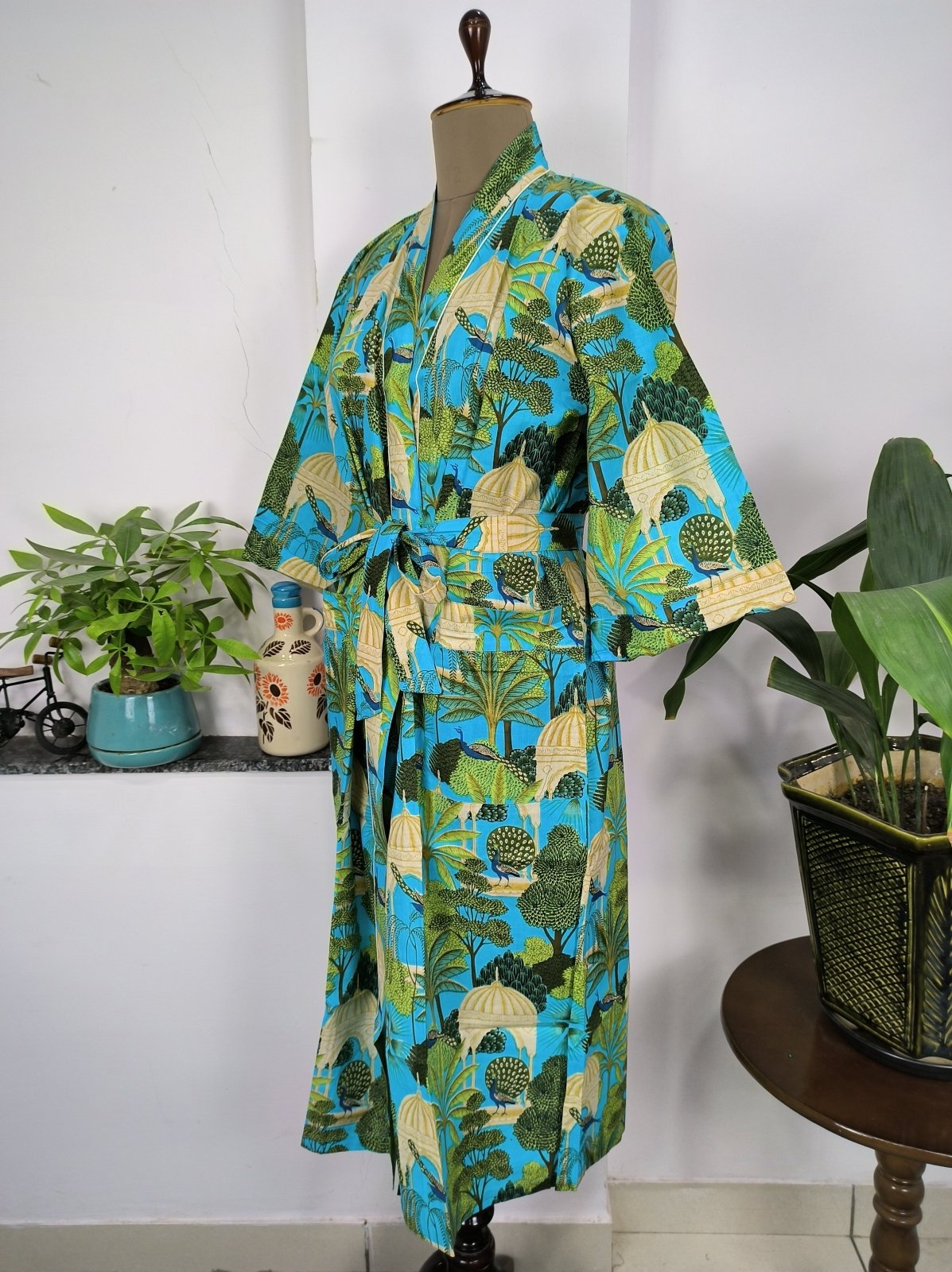 Pure Cotton Kimono Indian Handprinted Boho House Robe Summer Dress | Aqua Blue Peacock Bird Beach Luxurious Cover Up, Maternity Mom Bridal