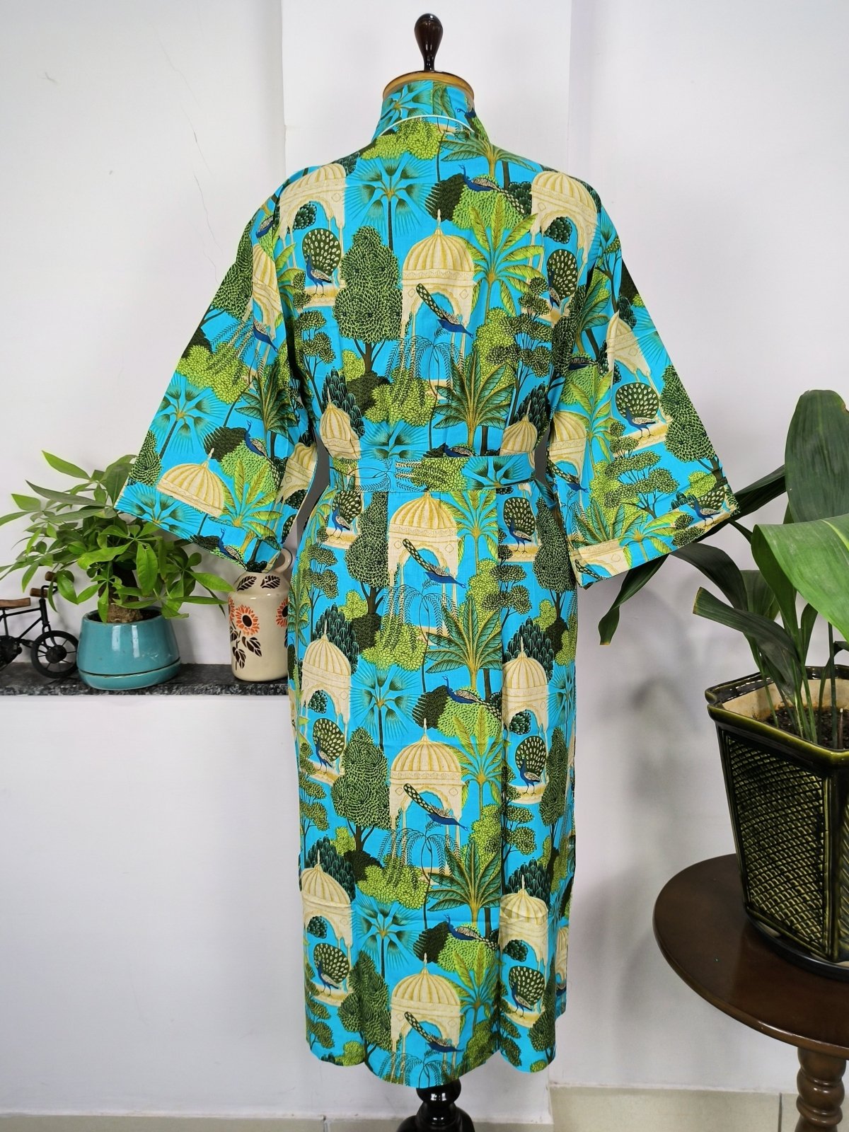 Pure Cotton Kimono Indian Handprinted Boho House Robe Summer Dress | Aqua Blue Peacock Bird Beach Luxurious Cover Up, Maternity Mom Bridal