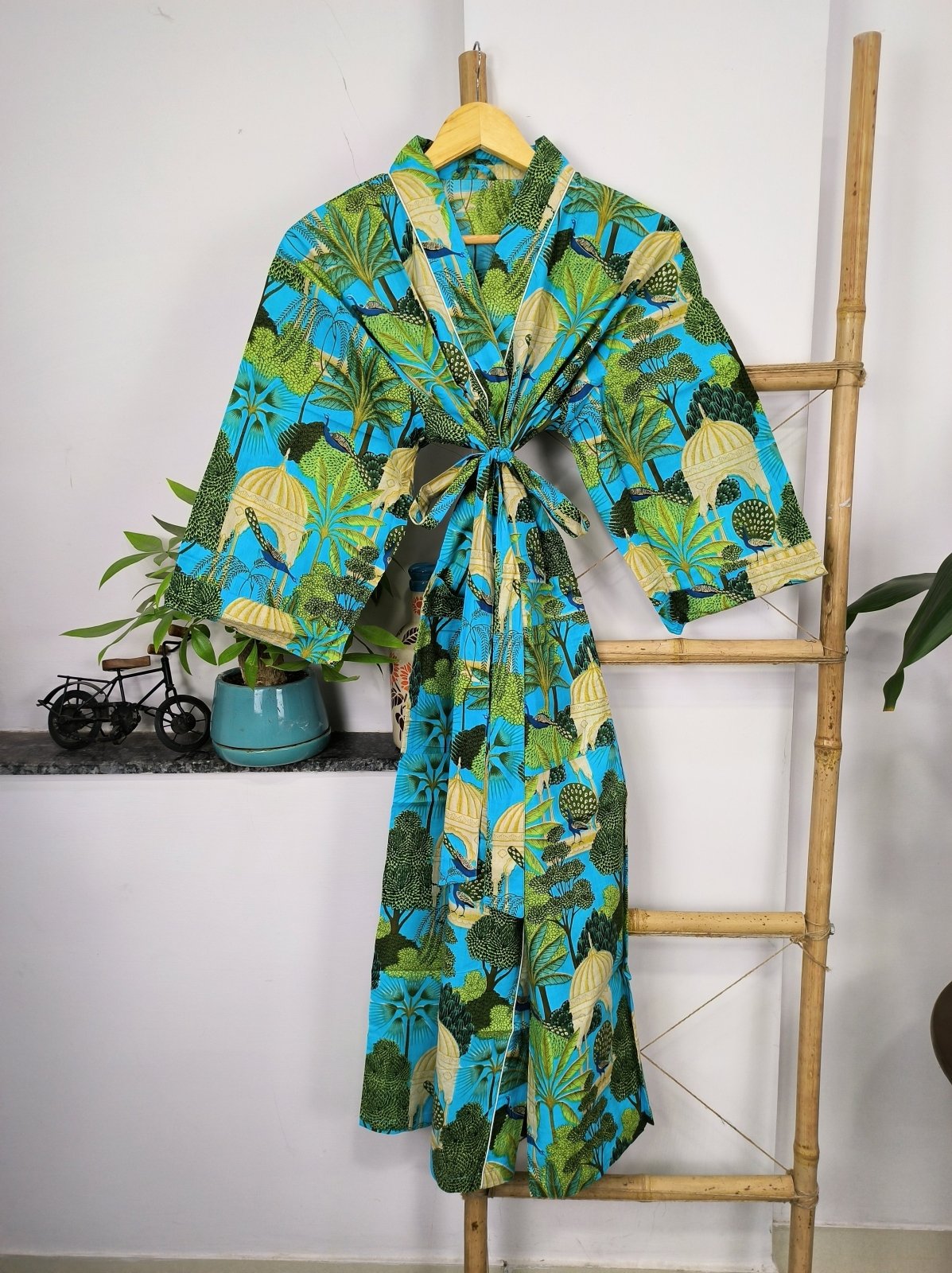 Pure Cotton Kimono Indian Handprinted Boho House Robe Summer Dress | Aqua Blue Peacock Bird Beach Luxurious Cover Up, Maternity Mom Bridal