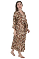Pure Cotton Kimono Indian Handprinted Boho House Robe Summer Dress | Beige Black Red Floral Daffodils Luxury Cover Up, Maternity Mom Bridal