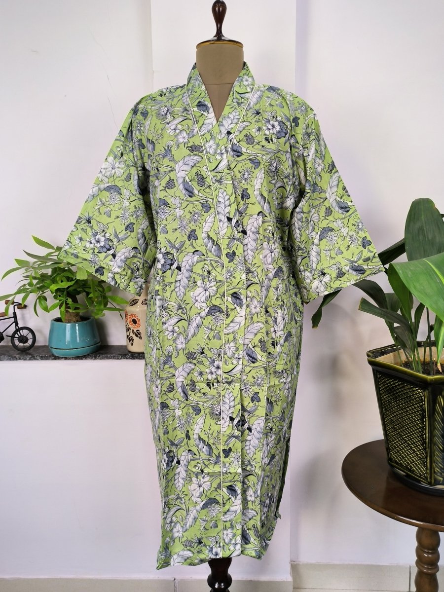 Pure Cotton Kimono Indian Handprinted Boho House Robe Summer Dress | Green Grey Floral Butterfly Beach Cover Up Top Wear, Christmas Present