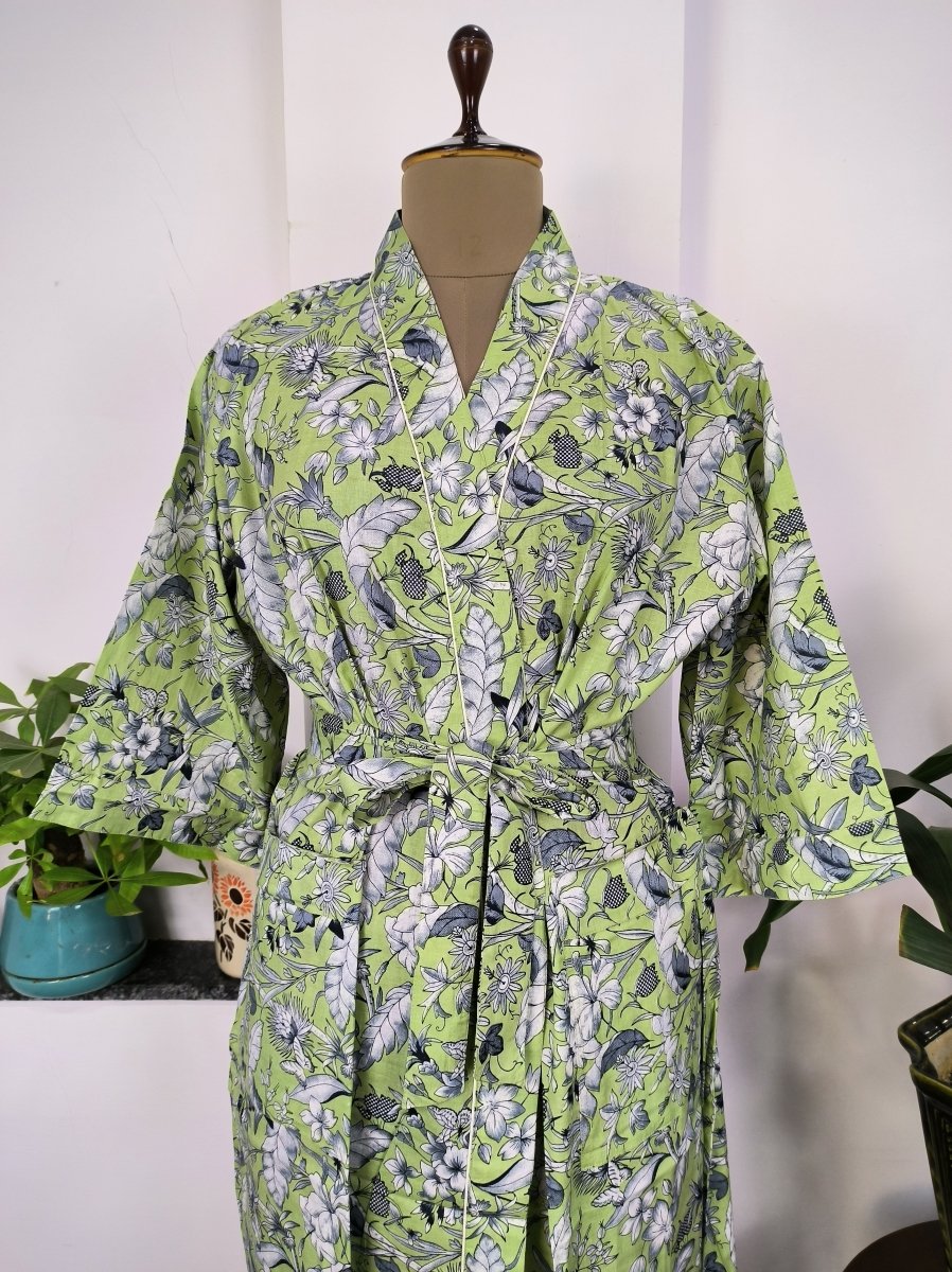 Pure Cotton Kimono Indian Handprinted Boho House Robe Summer Dress | Green Grey Floral Butterfly Beach Cover Up Top Wear, Christmas Present