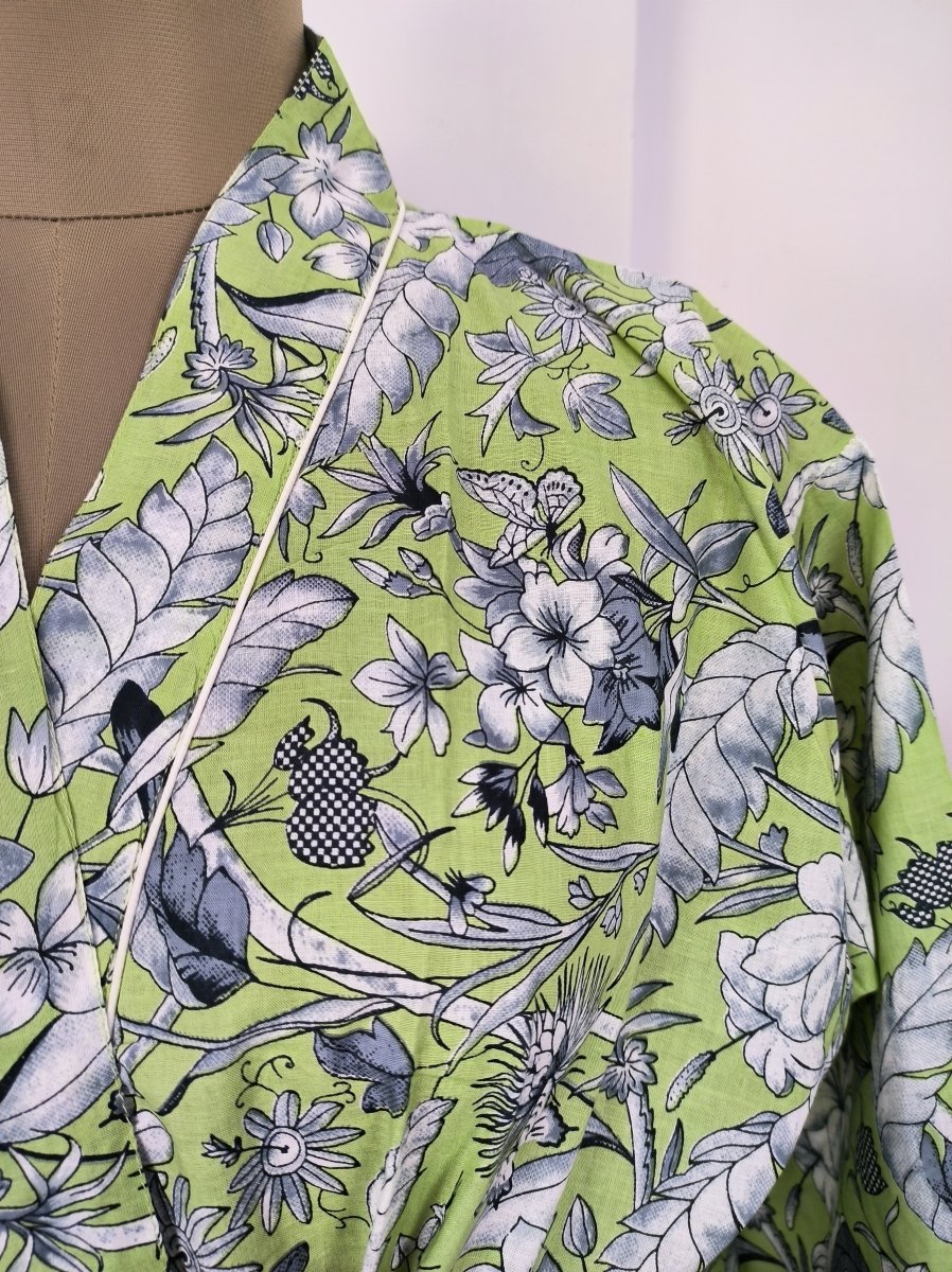 Pure Cotton Kimono Indian Handprinted Boho House Robe Summer Dress | Green Grey Floral Butterfly Beach Cover Up Top Wear, Christmas Present