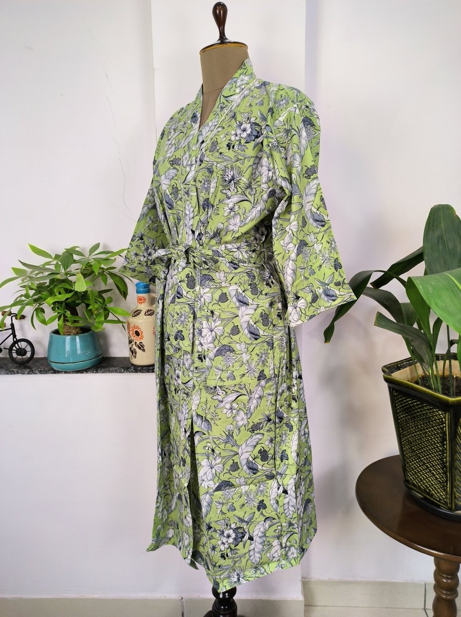 Pure Cotton Kimono Indian Handprinted Boho House Robe Summer Dress | Green Grey Floral Butterfly Beach Cover Up Top Wear, Christmas Present
