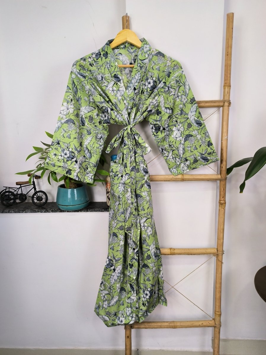 Pure Cotton Kimono Indian Handprinted Boho House Robe Summer Dress | Green Grey Floral Butterfly Beach Cover Up Top Wear, Christmas Present