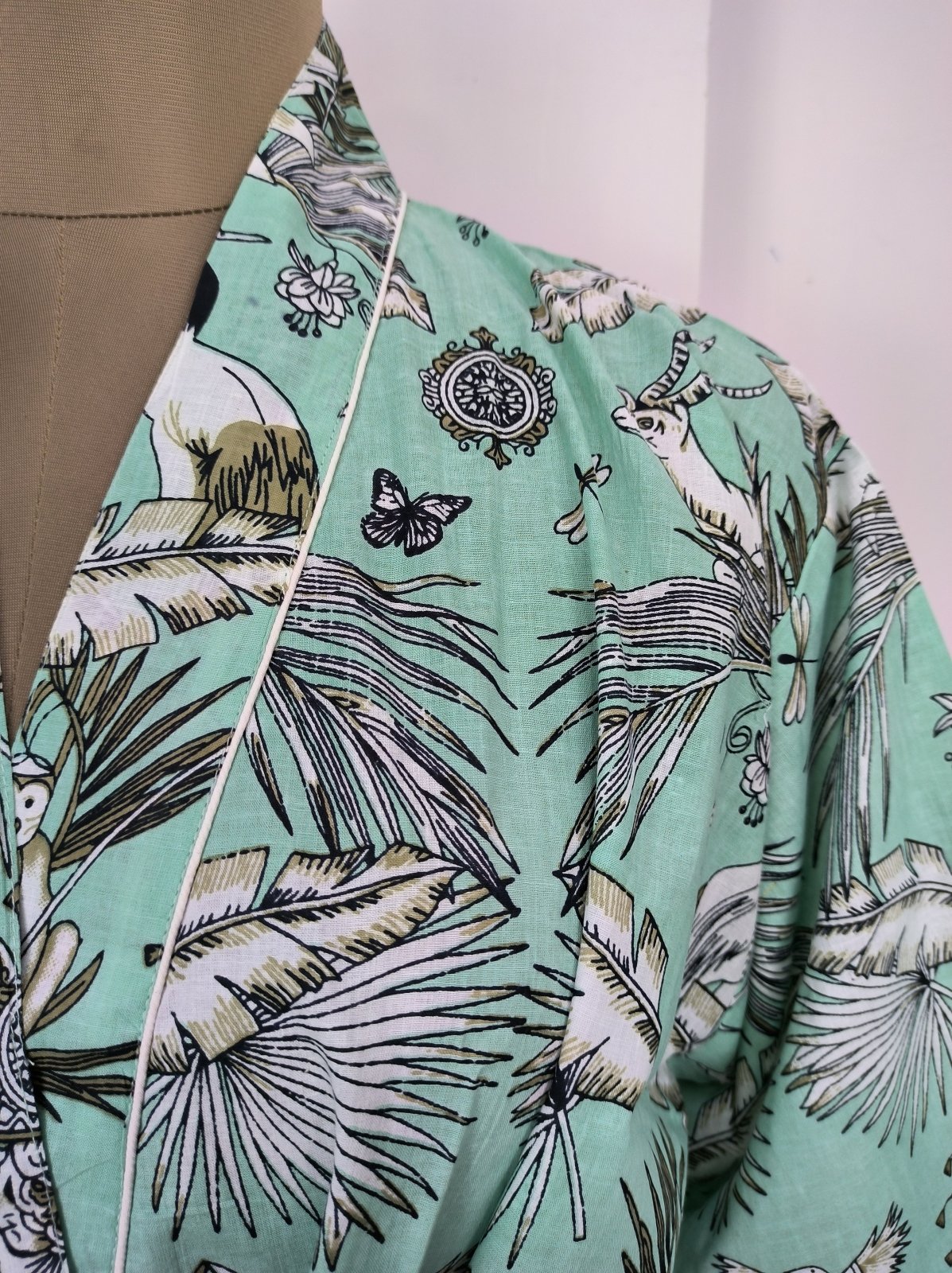 Pure Cotton Kimono Indian Handprinted Boho House Robe Summer Dress | Green Hue Monkey Animal Jungle Luxury Beach Holiday Yacht Cover Up