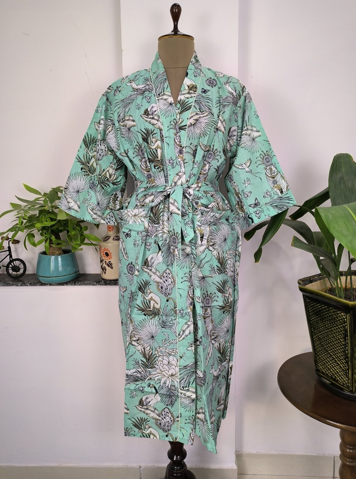 Pure Cotton Kimono Indian Handprinted Boho House Robe Summer Dress | Green Hue Monkey Animal Jungle Luxury Beach Holiday Yacht Cover Up