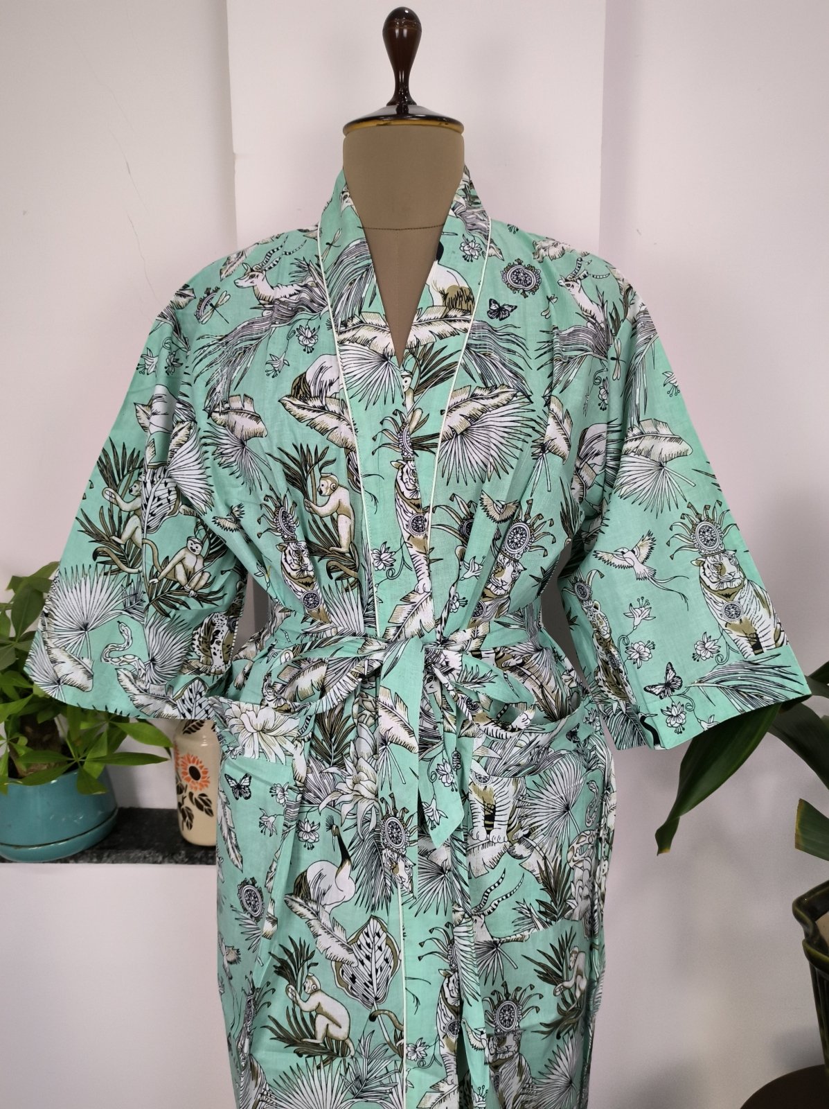 Pure Cotton Kimono Indian Handprinted Boho House Robe Summer Dress | Green Hue Monkey Animal Jungle Luxury Beach Holiday Yacht Cover Up