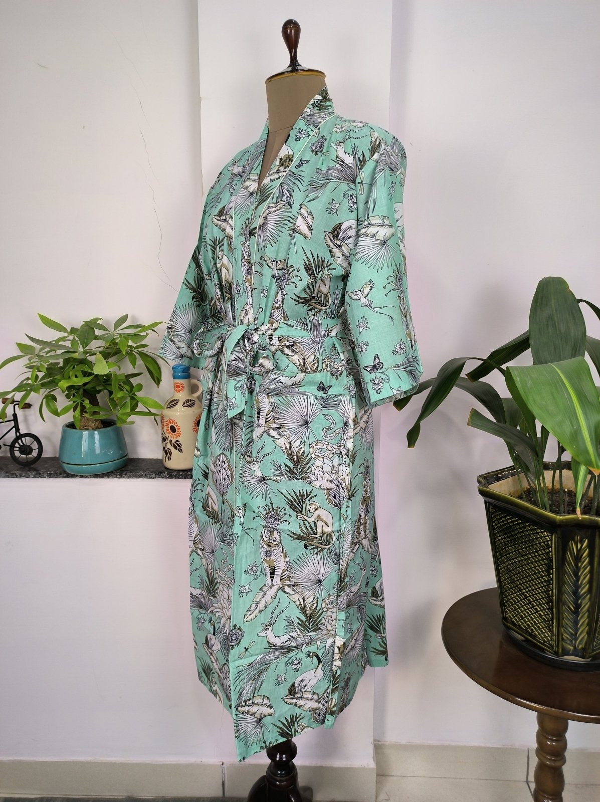 Pure Cotton Kimono Indian Handprinted Boho House Robe Summer Dress | Green Hue Monkey Animal Jungle Luxury Beach Holiday Yacht Cover Up
