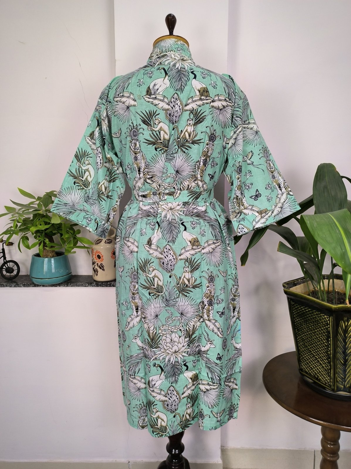 Pure Cotton Kimono Indian Handprinted Boho House Robe Summer Dress | Green Hue Monkey Animal Jungle Luxury Beach Holiday Yacht Cover Up
