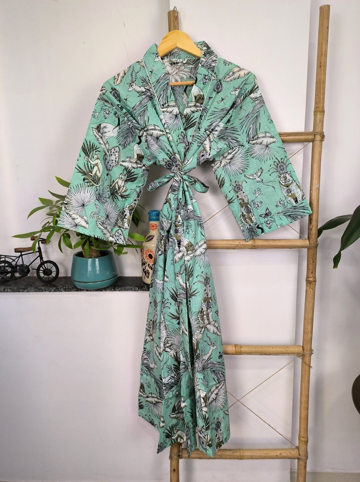 Pure Cotton Kimono Indian Handprinted Boho House Robe Summer Dress | Green Hue Monkey Animal Jungle Luxury Beach Holiday Yacht Cover Up