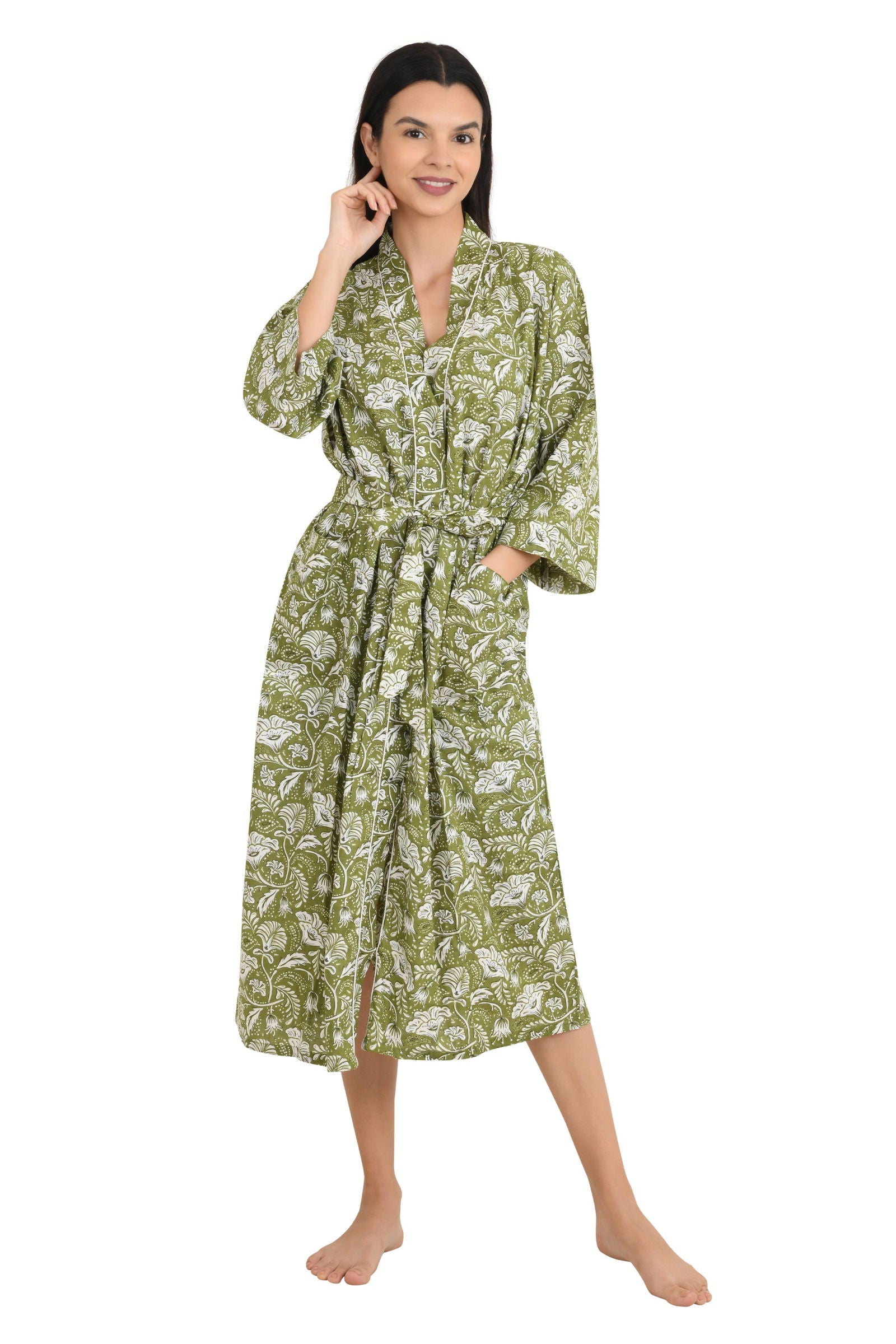 Pure Cotton Kimono Indian Handprinted Boho House Robe Summer Dress | Green White Floral Print | Beach Cover Up Wear | Christmas Present
