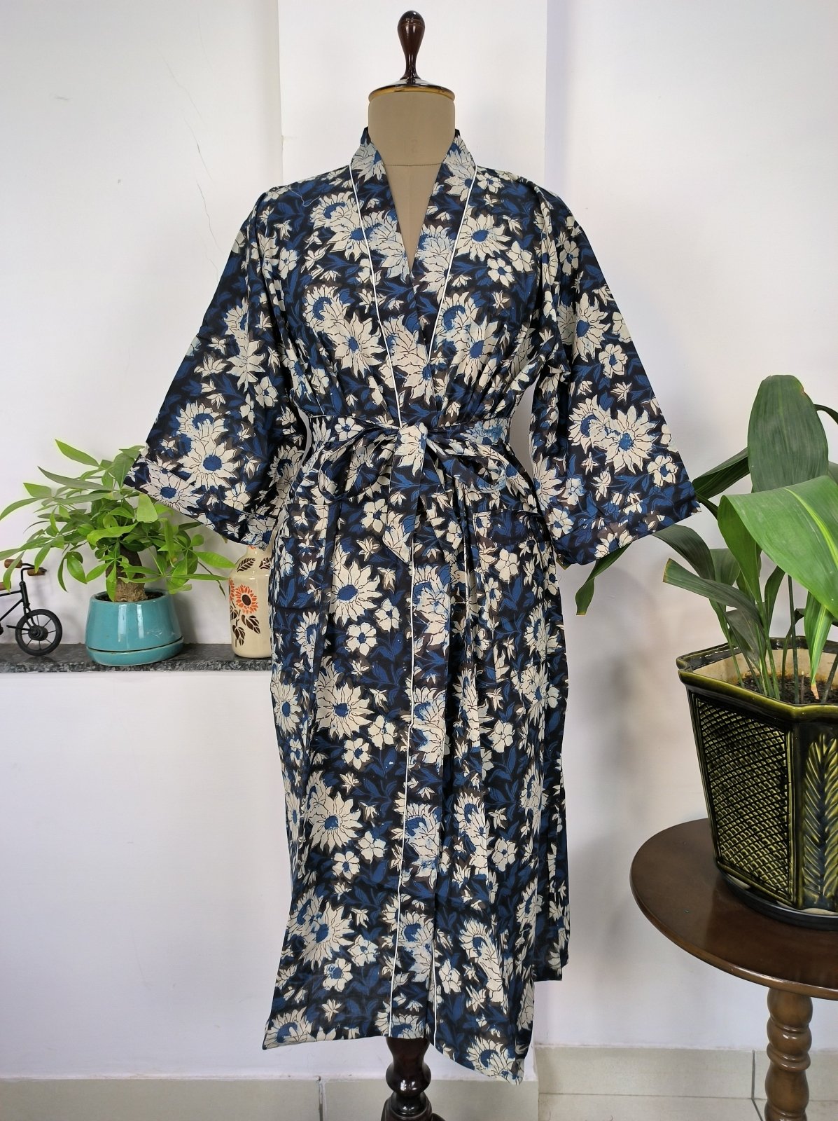 Pure Cotton Kimono Indian Handprinted Boho House Robe Summer Dress | Ivory White Yellow Flower Blossom Luxury Beach Holiday Yacht Cover Up