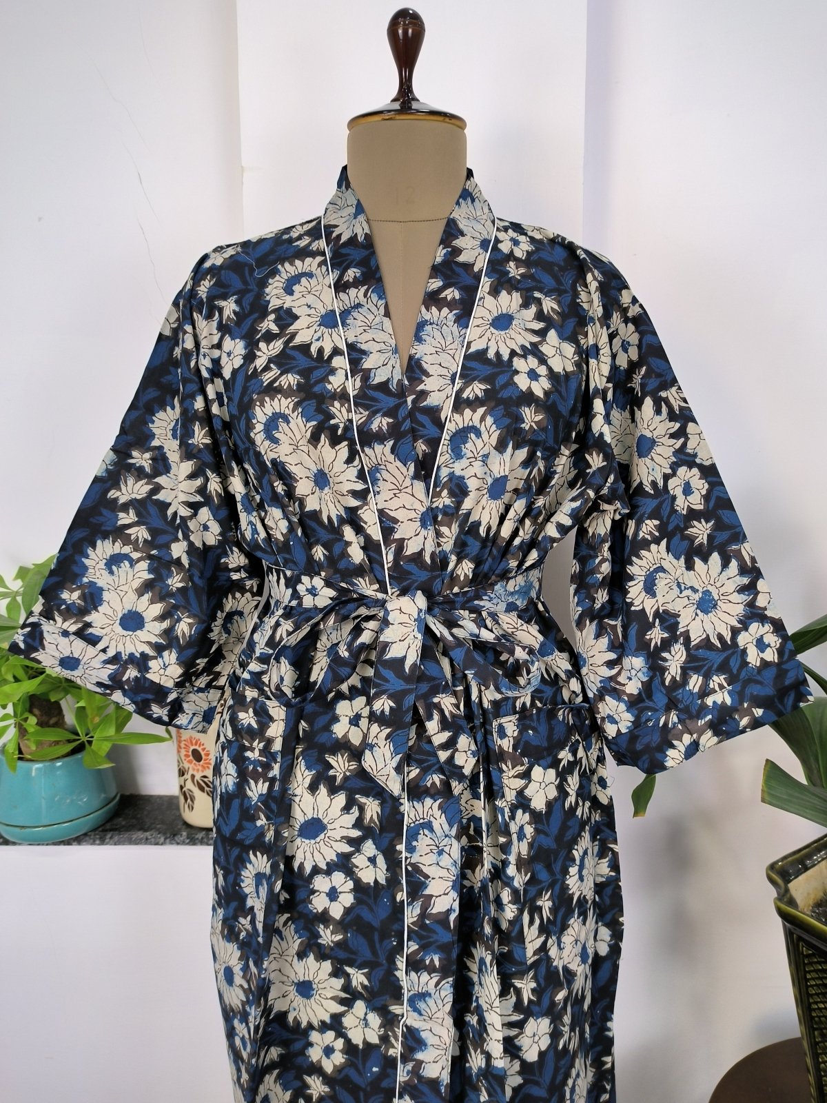 Pure Cotton Kimono Indian Handprinted Boho House Robe Summer Dress | Ivory White Yellow Flower Blossom Luxury Beach Holiday Yacht Cover Up