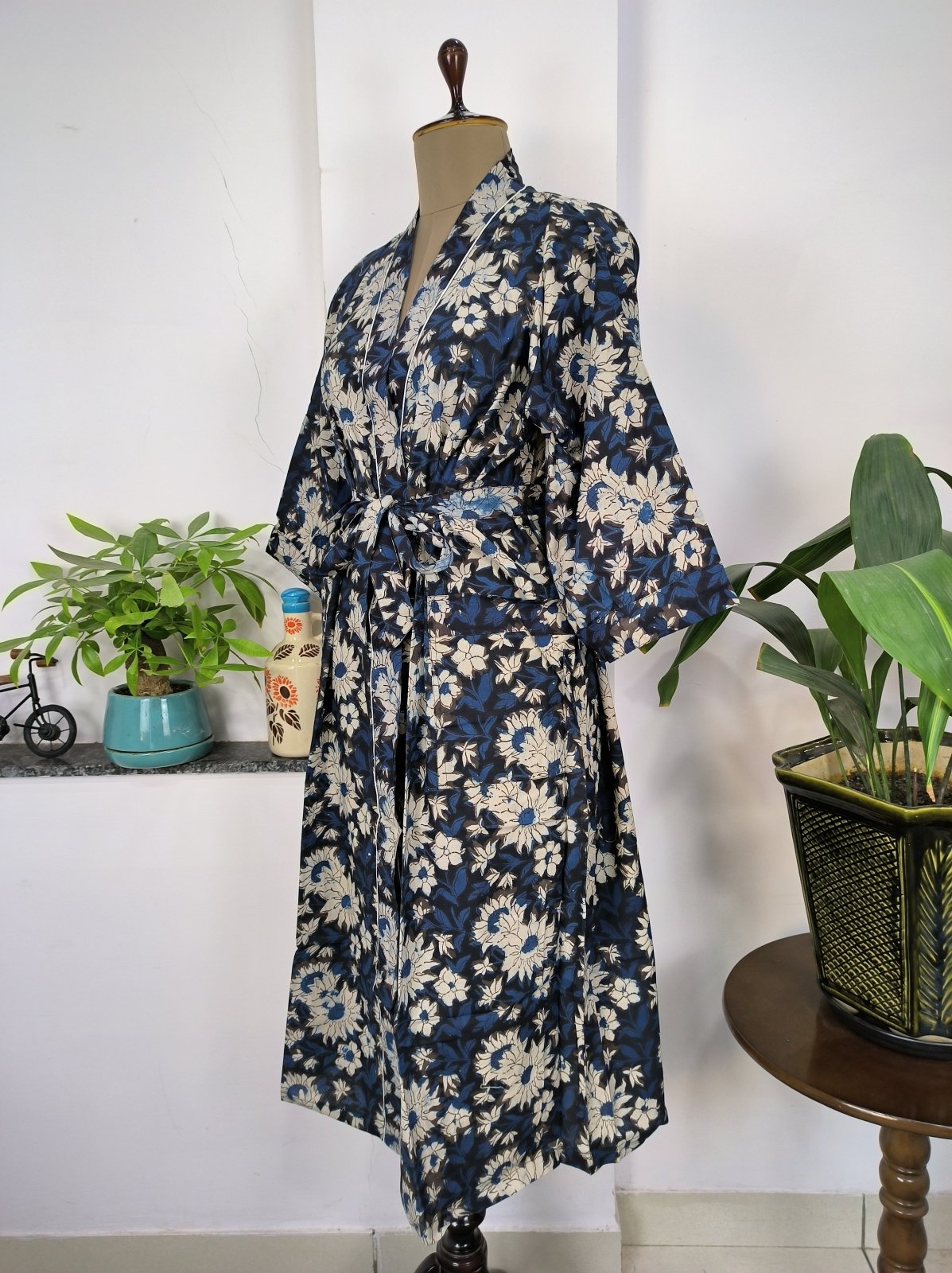 Pure Cotton Kimono Indian Handprinted Boho House Robe Summer Dress | Ivory White Yellow Flower Blossom Luxury Beach Holiday Yacht Cover Up