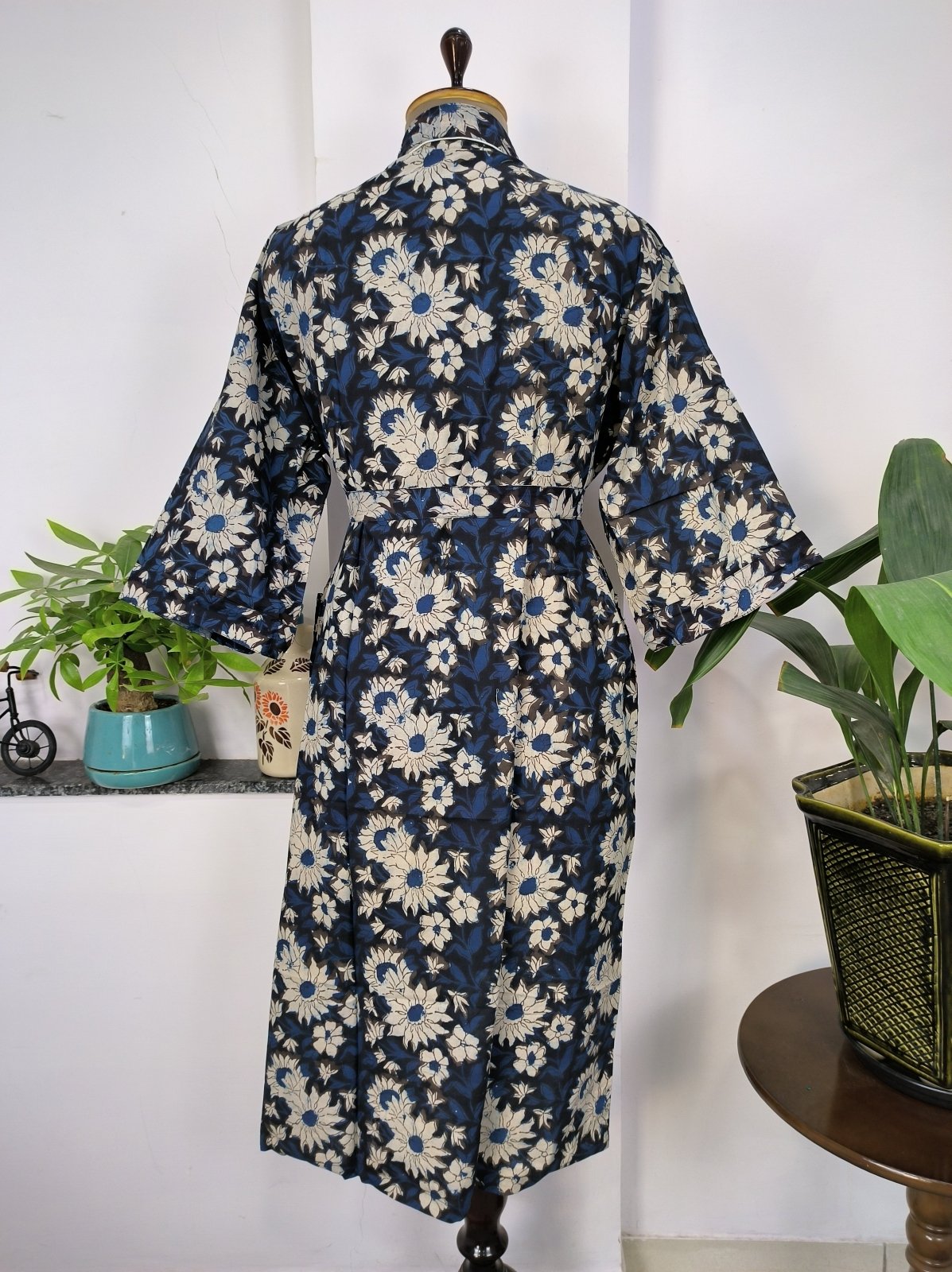 Pure Cotton Kimono Indian Handprinted Boho House Robe Summer Dress | Ivory White Yellow Flower Blossom Luxury Beach Holiday Yacht Cover Up