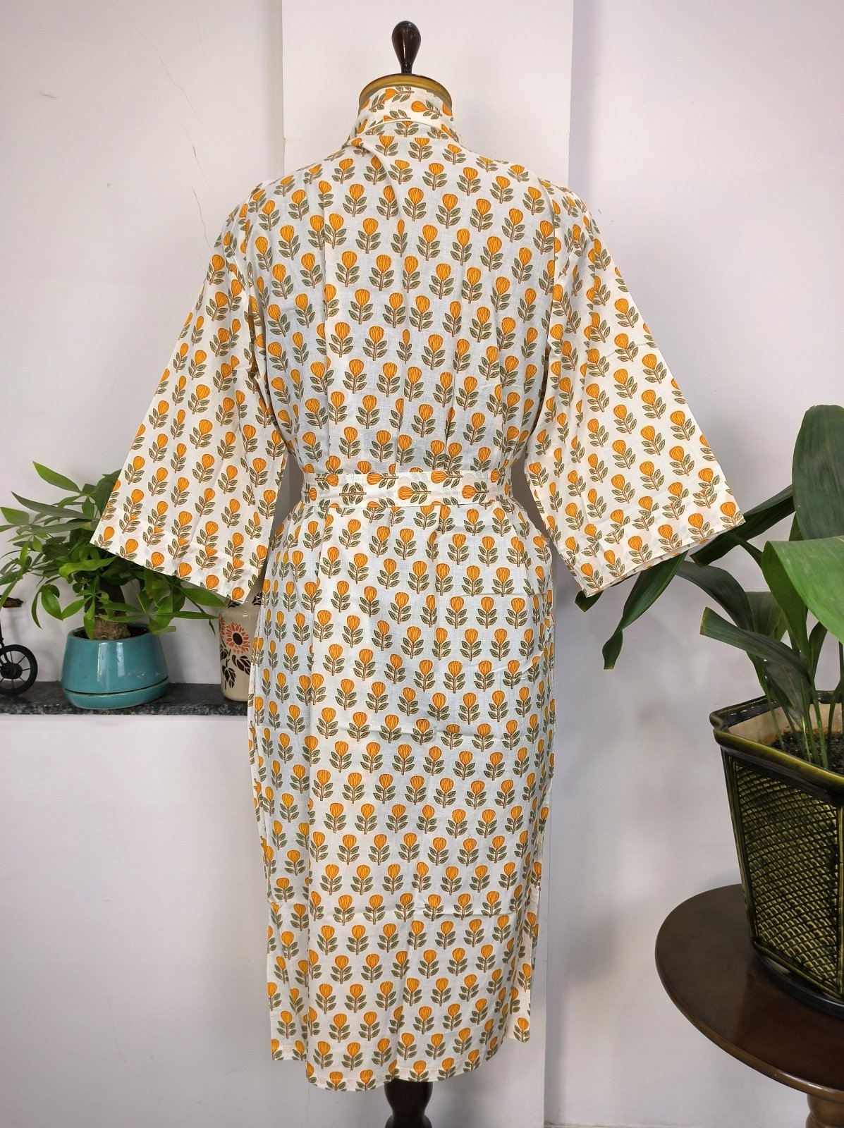 Pure Cotton Kimono Indian Handprinted Boho House Robe Summer Dress | Ivory White Yellow Flower Blossom Luxury Beach Holiday Yacht Cover Up