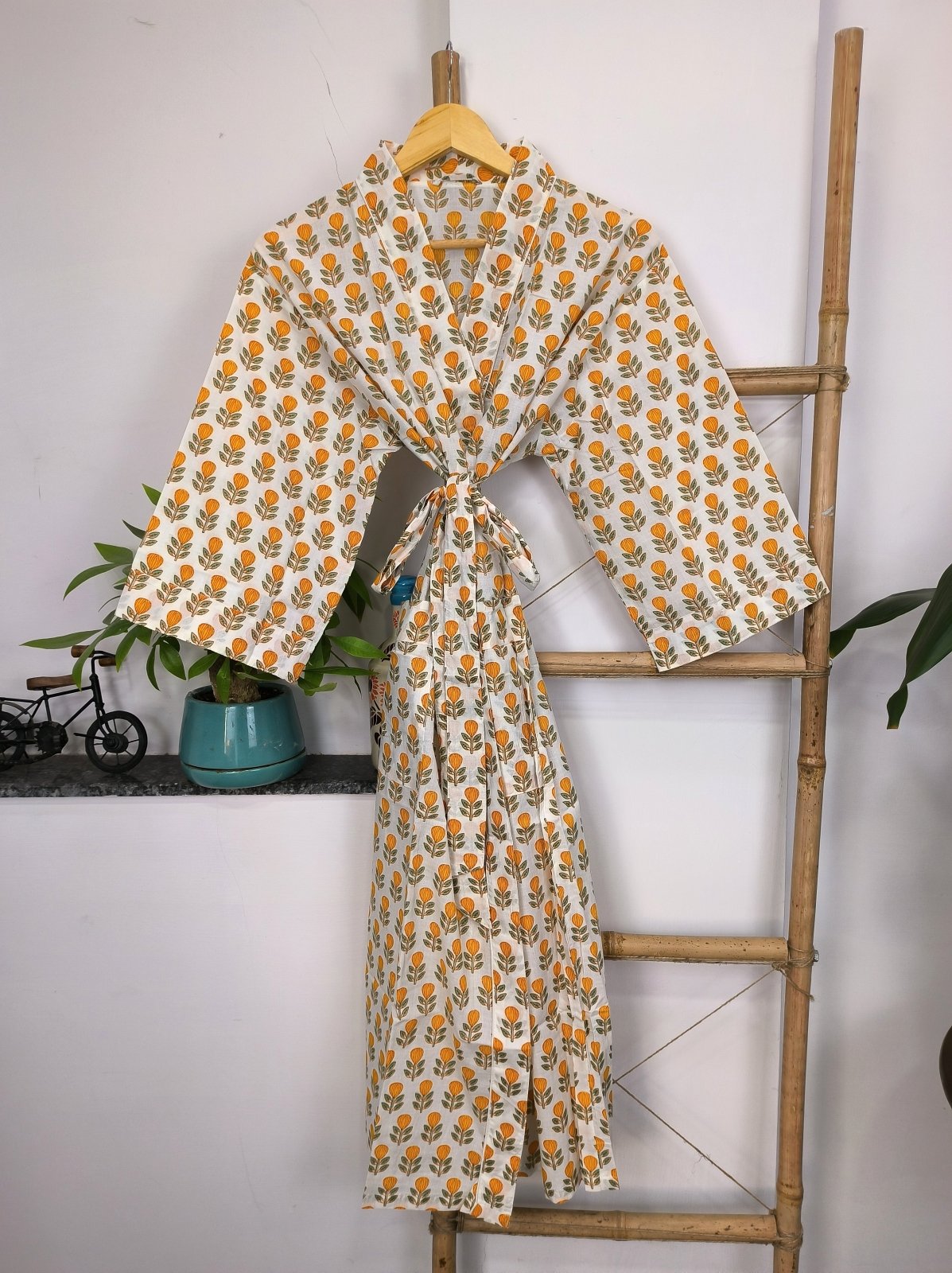 Pure Cotton Kimono Indian Handprinted Boho House Robe Summer Dress | Ivory White Yellow Flower Blossom Luxury Beach Holiday Yacht Cover Up