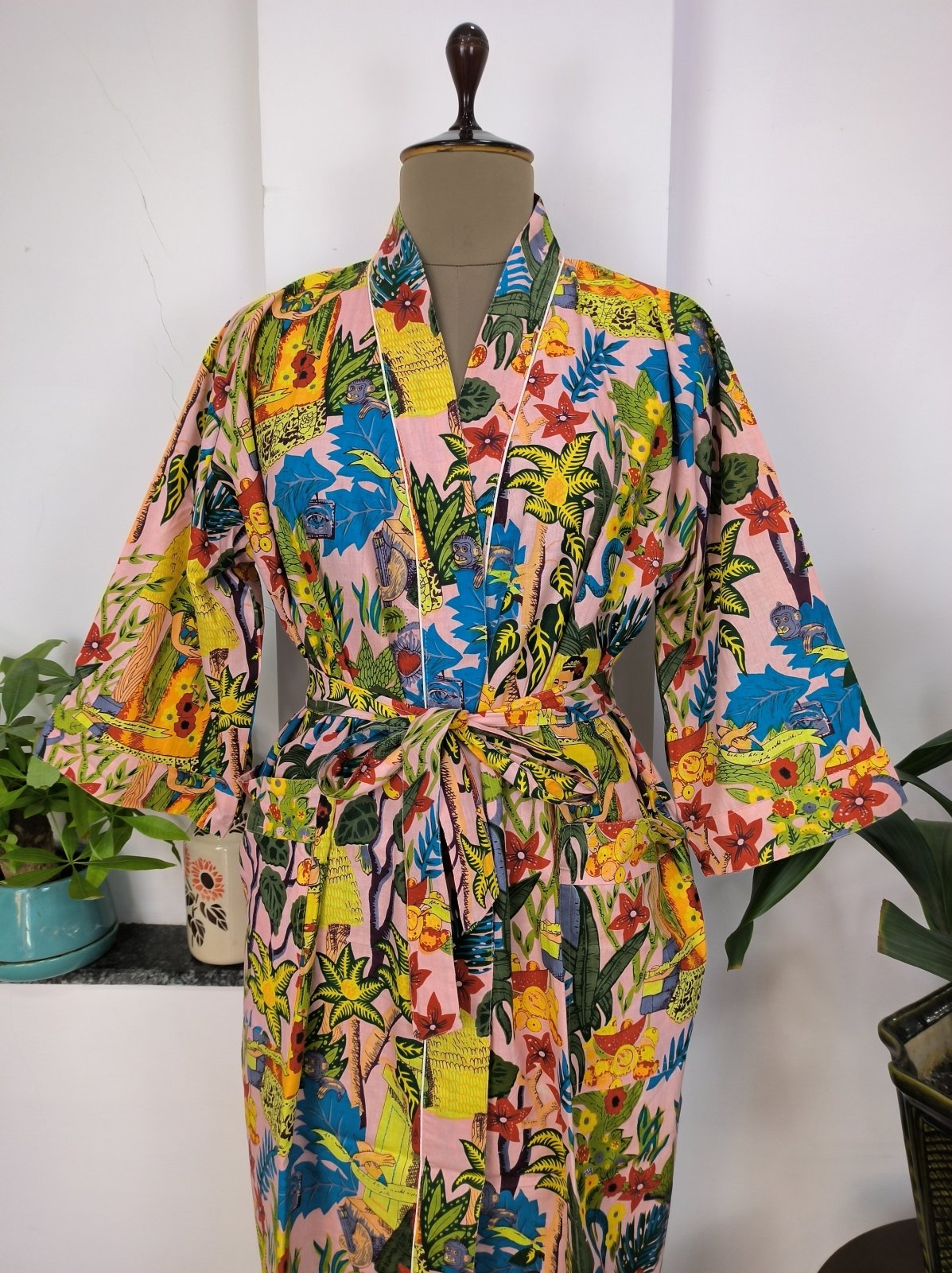 Pure Cotton Kimono Indian Handprinted Boho House Robe Summer Dress | Peach Floral Animal Farida Khalo Luxury Beach Holiday Yacht Cover Up
