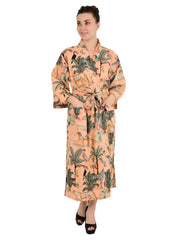 Pure Cotton Kimono Indian Handprinted Boho House Robe Summer Dress | Peach Jungle Cheetah Animal Elegant Luxury Beach Holiday Yacht Cover Up