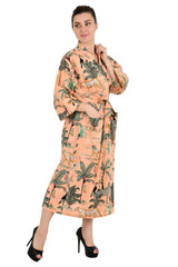 Pure Cotton Kimono Indian Handprinted Boho House Robe Summer Dress | Peach Jungle Cheetah Animal Elegant Luxury Beach Holiday Yacht Cover Up